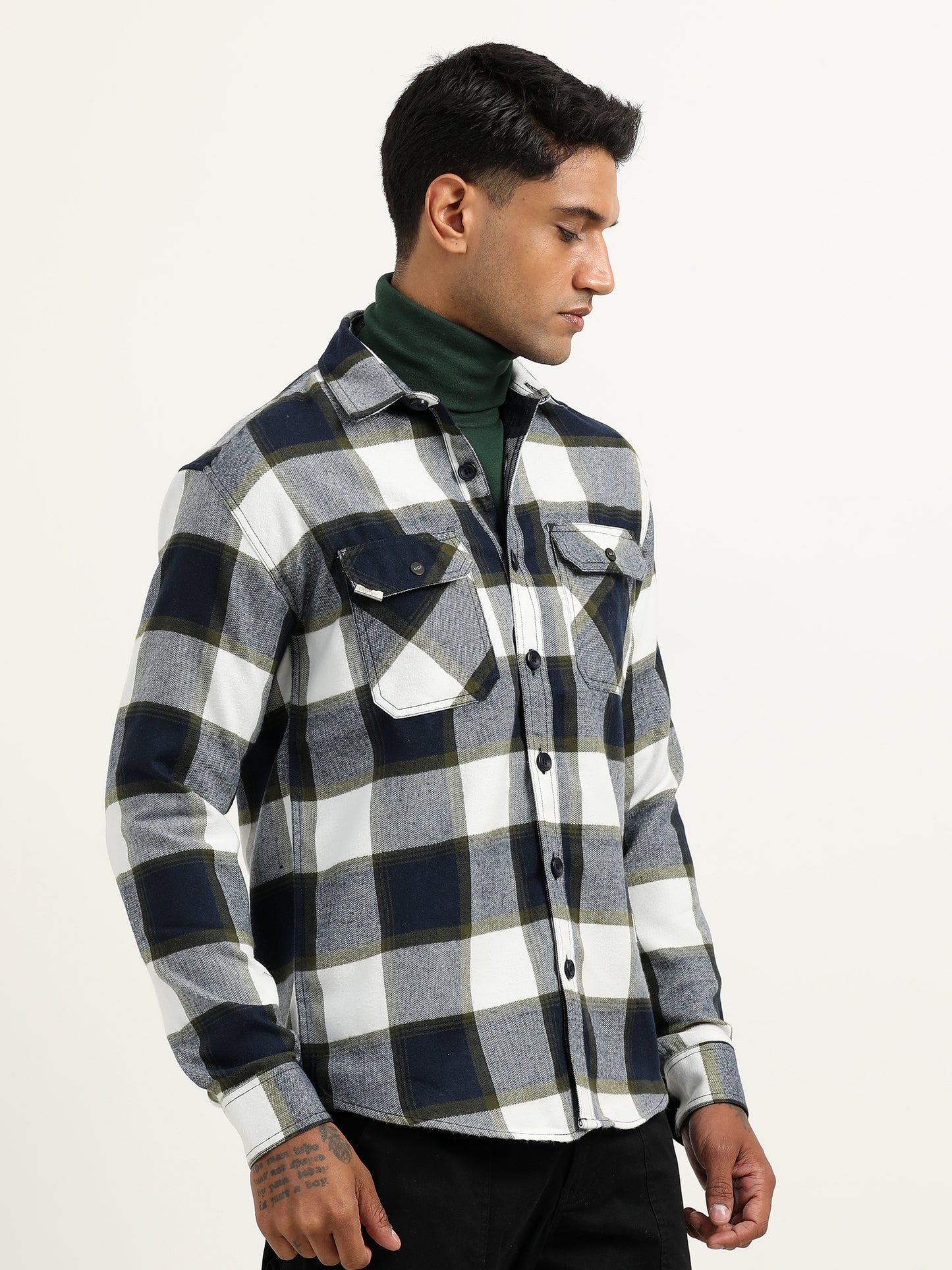 Brushed Twill Checked Green Shacket For Men