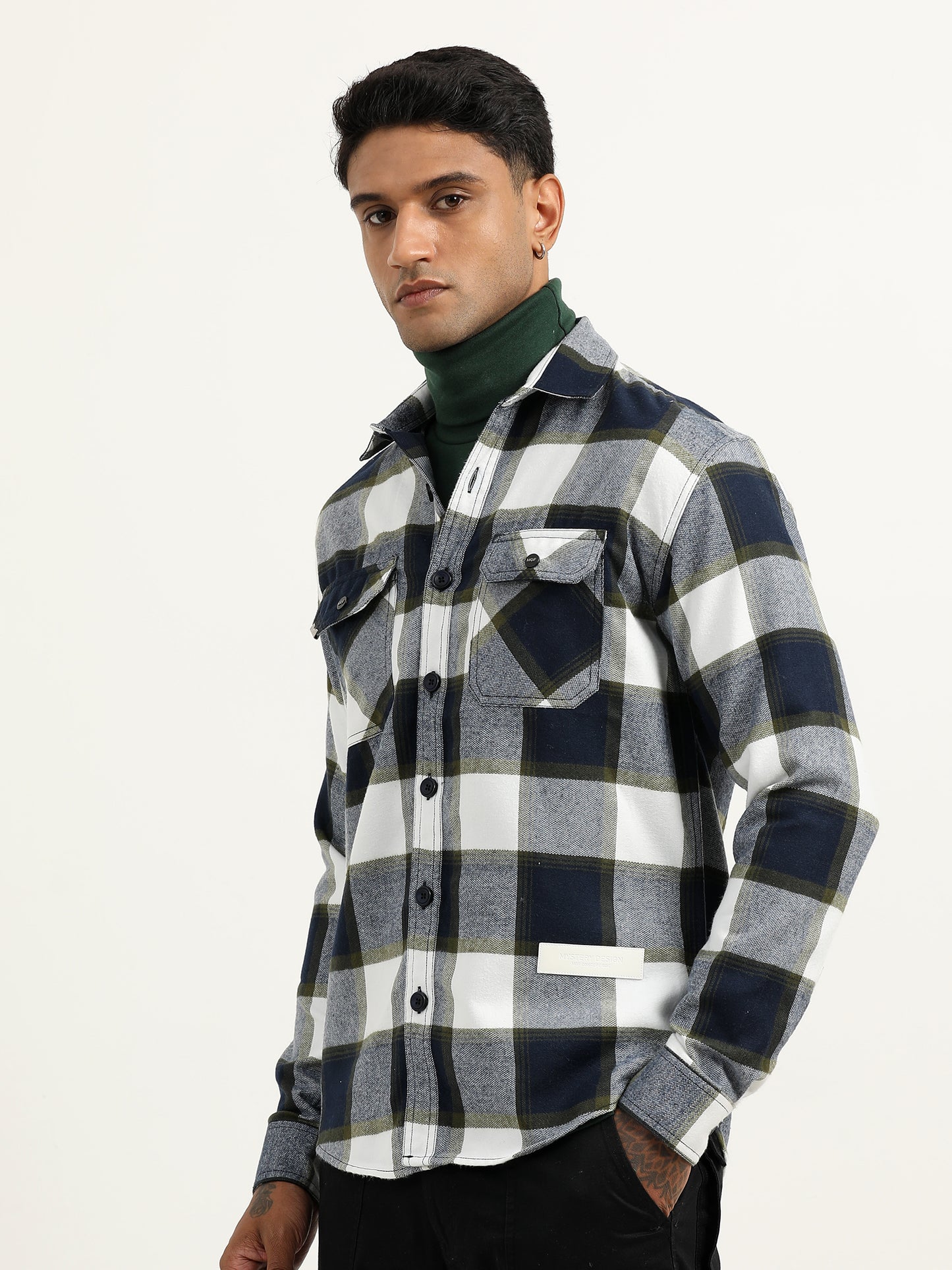 Brushed Twill Checked Green Shacket For Men