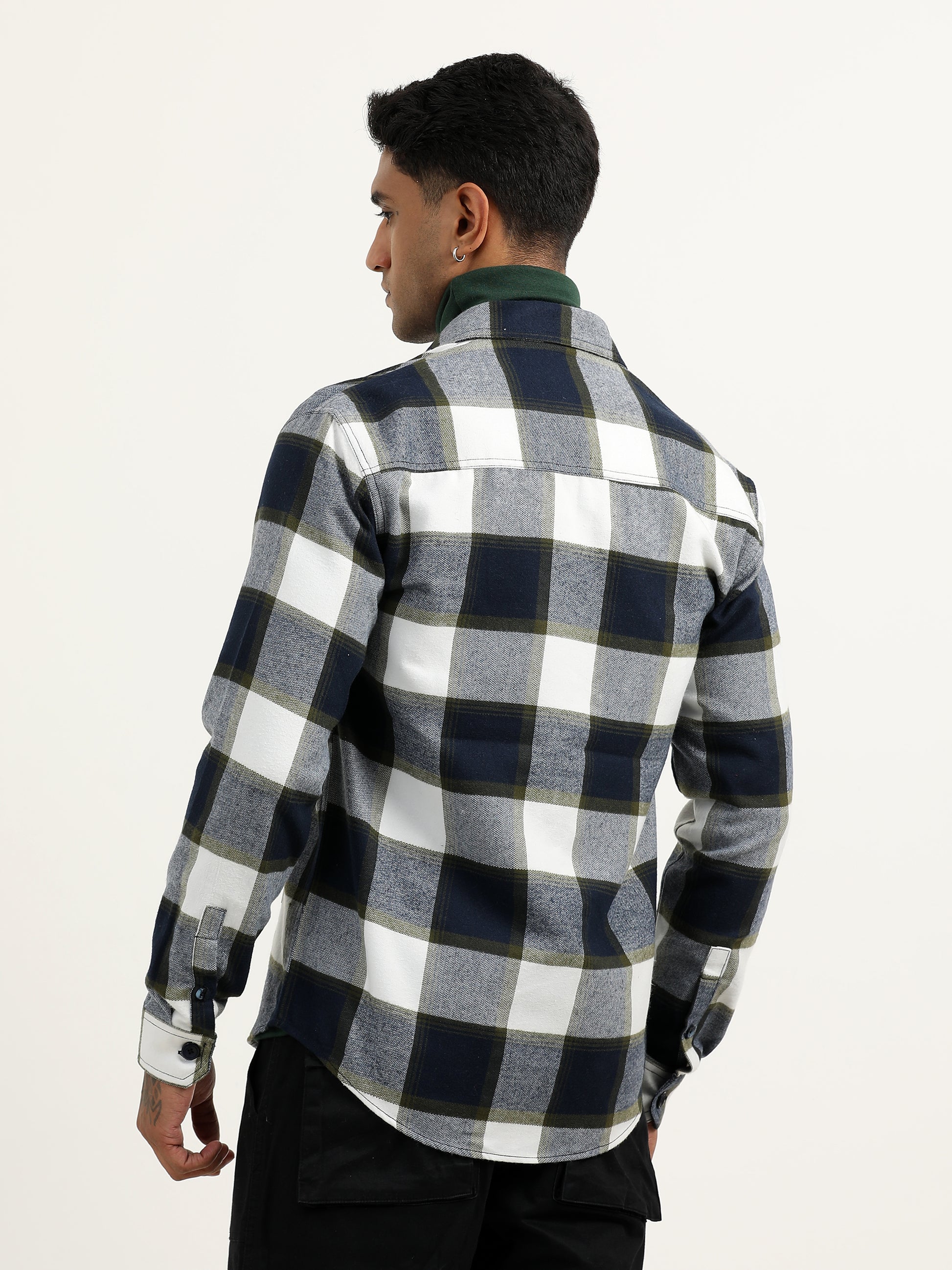 Brushed Twill Checked Green Shacket For Men