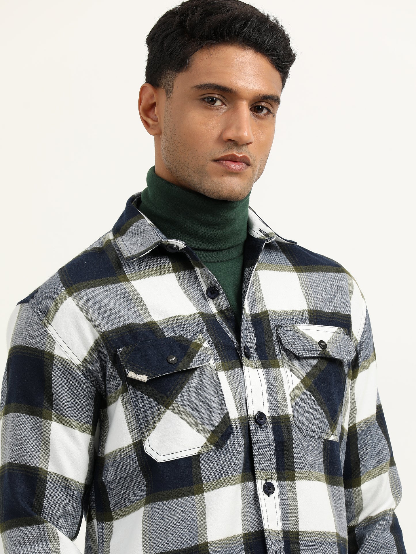 Brushed Twill Checked Green Shacket For Men