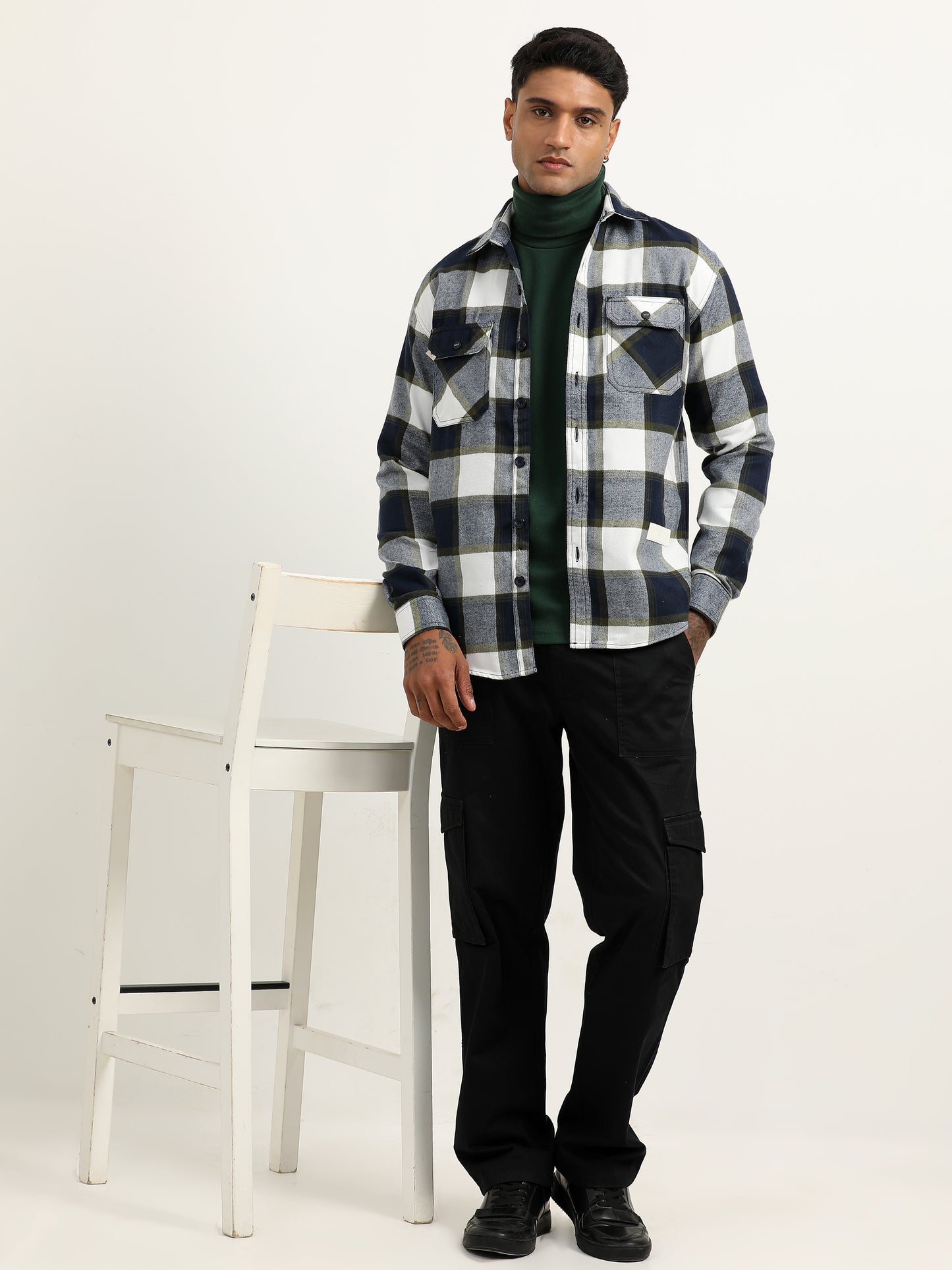 Brushed Twill Checked Green Shacket For Men