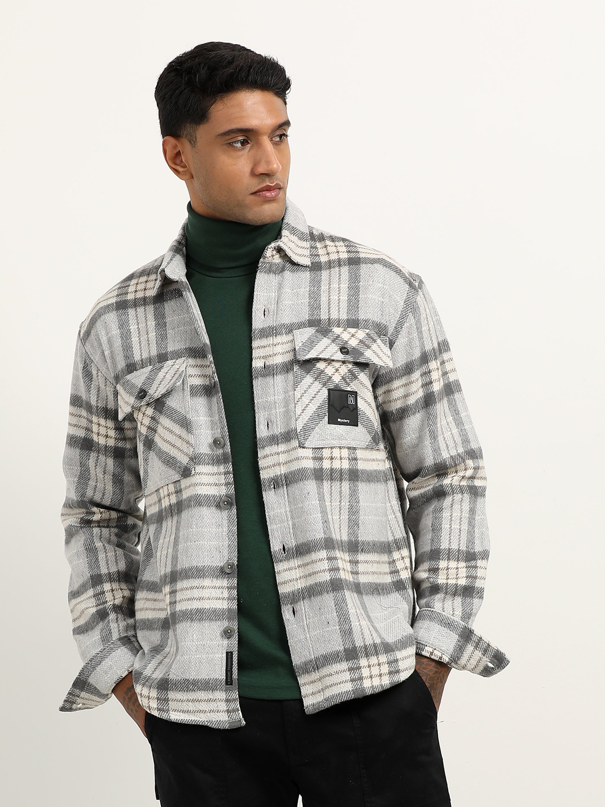  Brushed Twill Checked Grey Shacket For Men