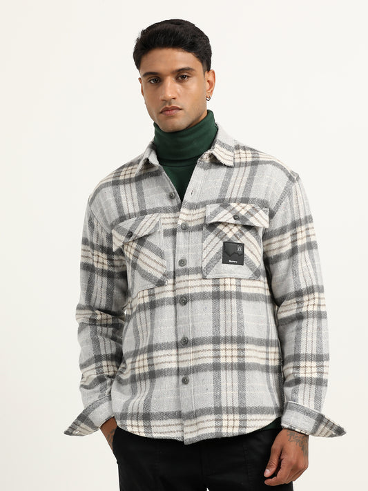  Brushed Twill Checked Grey Shacket For Men