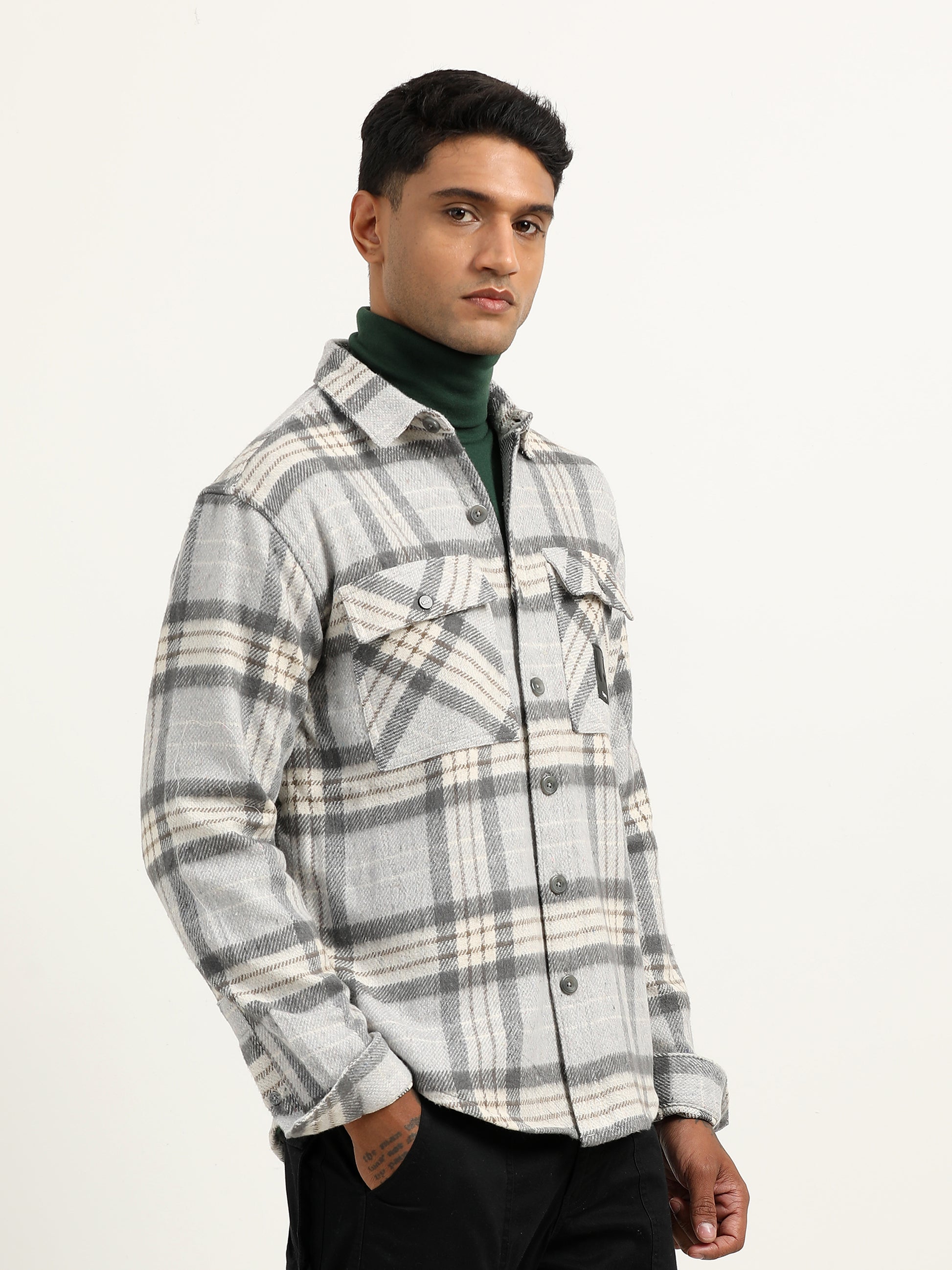  Brushed Twill Checked Grey Shacket For Men