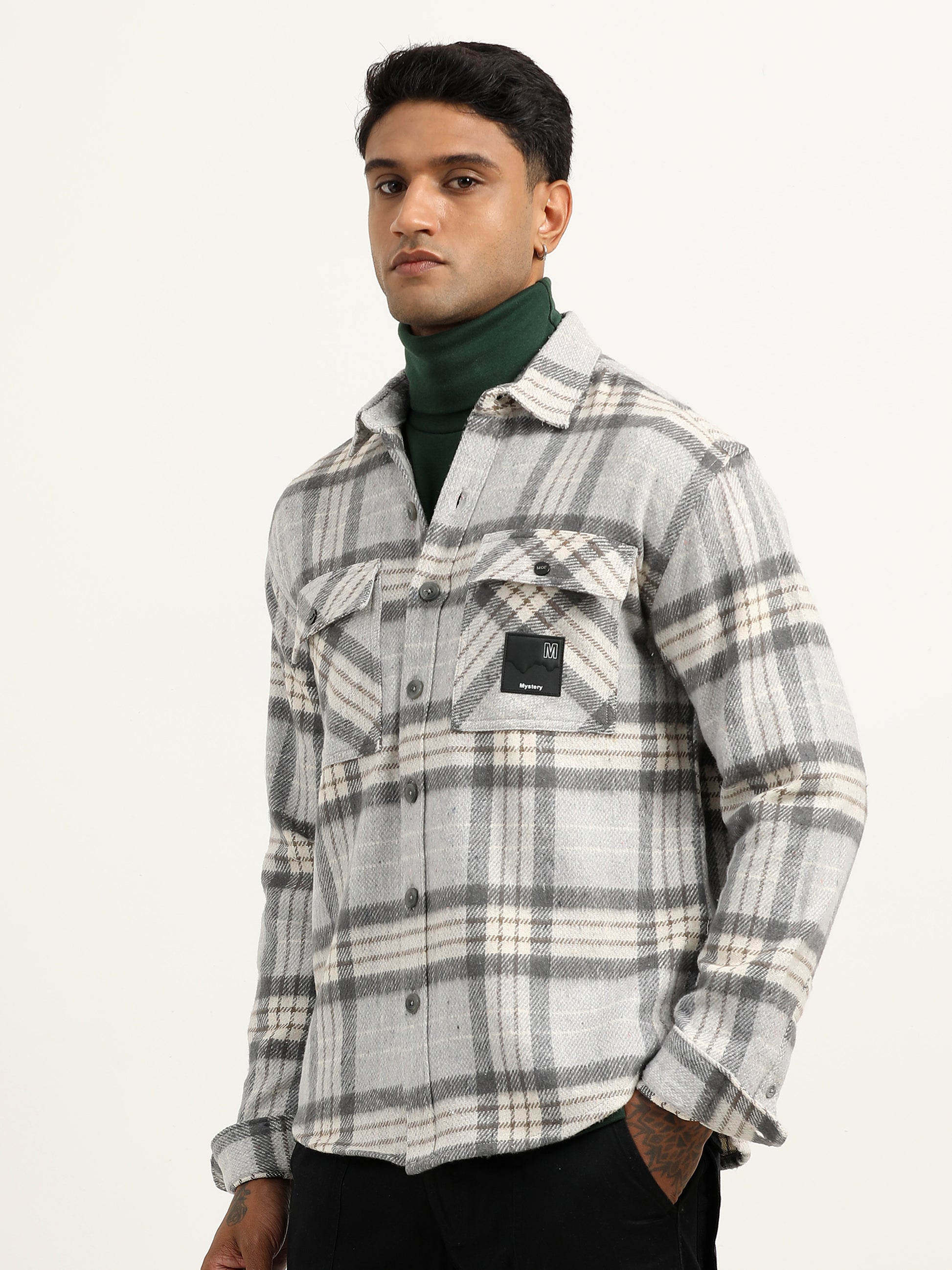  Brushed Twill Checked Grey Shacket For Men