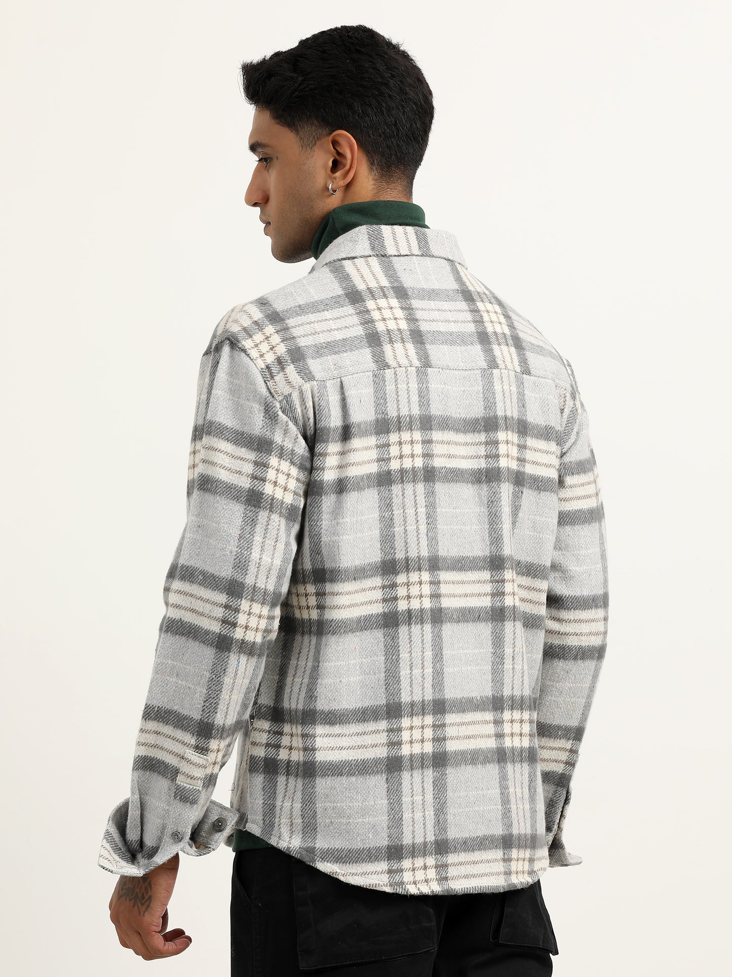  Brushed Twill Checked Grey Shacket For Men