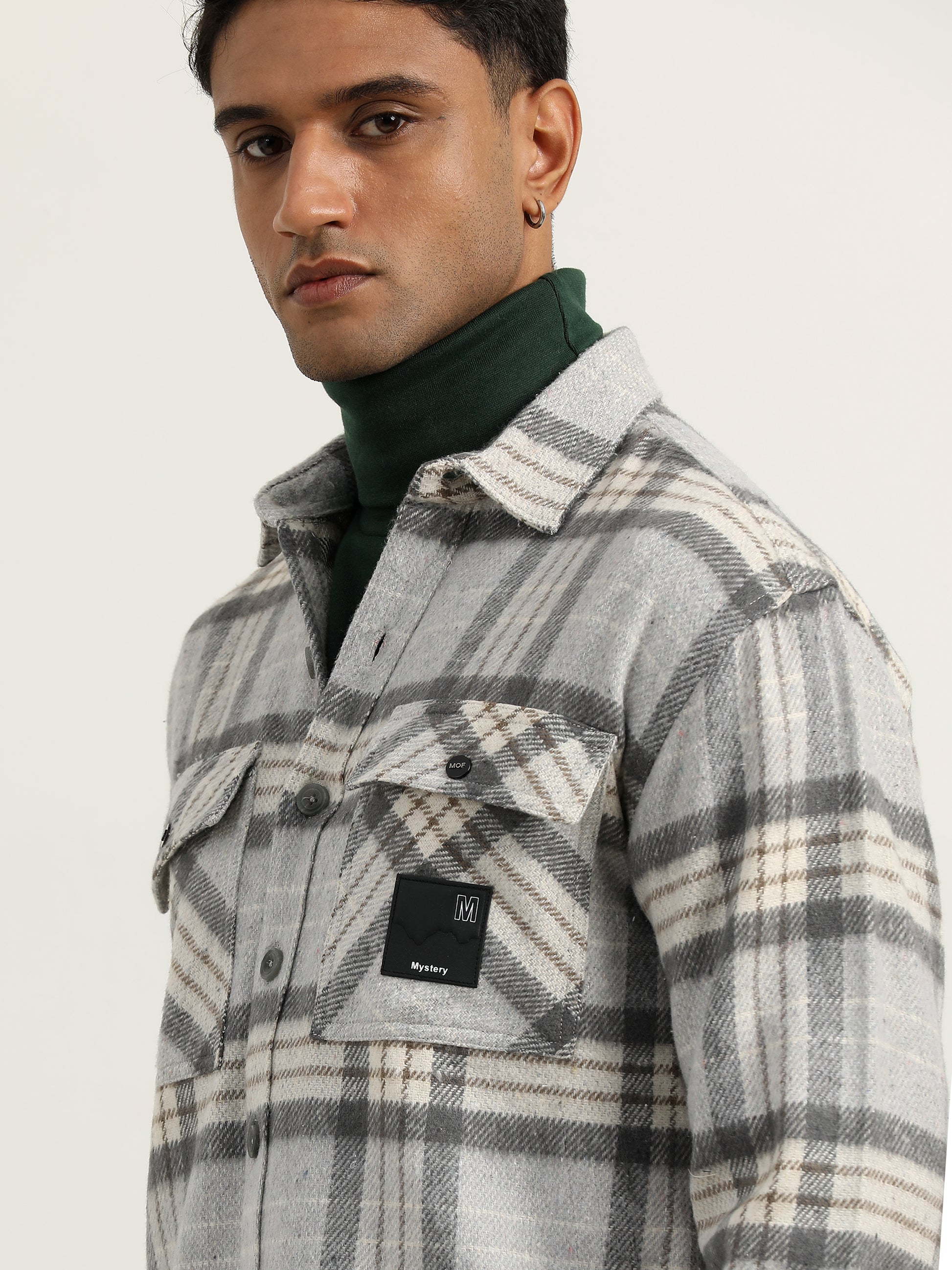  Brushed Twill Checked Grey Shacket For Men