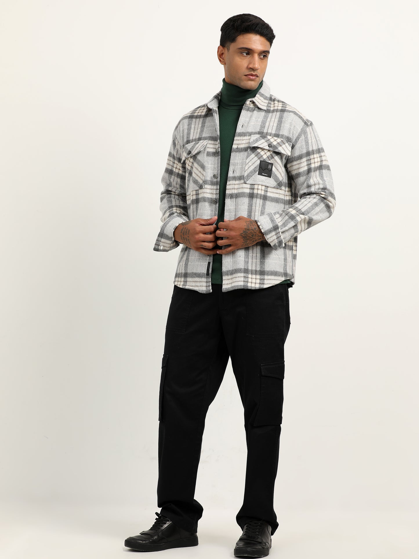  Brushed Twill Checked Grey Shacket For Men