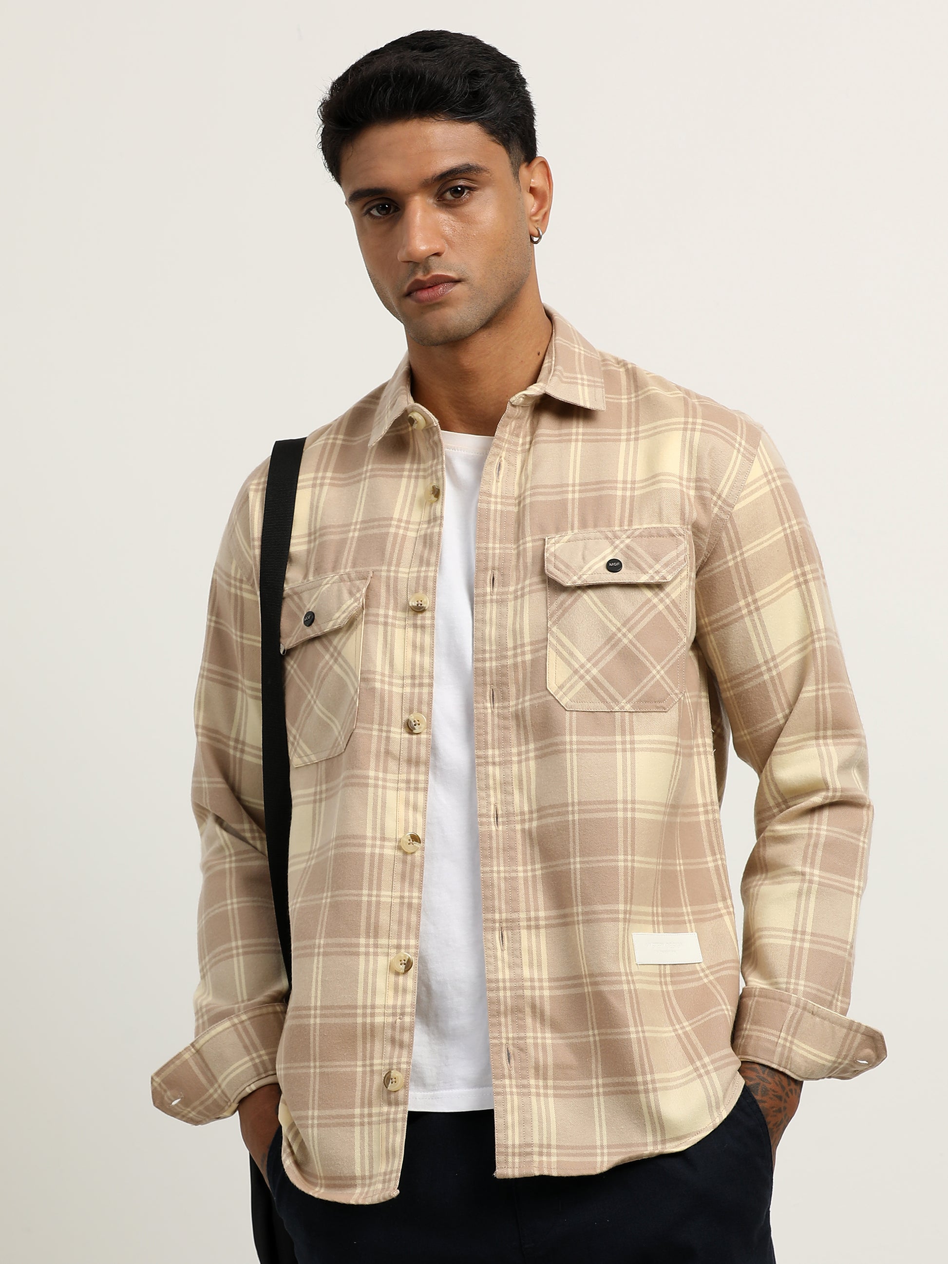 Herringbon Checks Cream Beige Shacket For Men