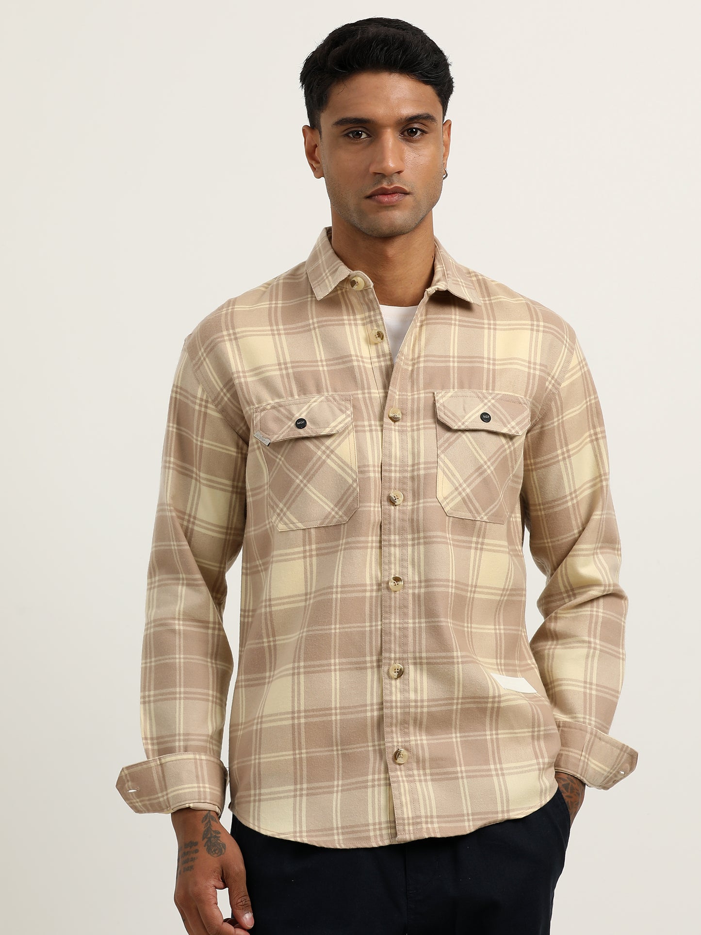 Herringbon Checks Cream Beige Shacket For Men