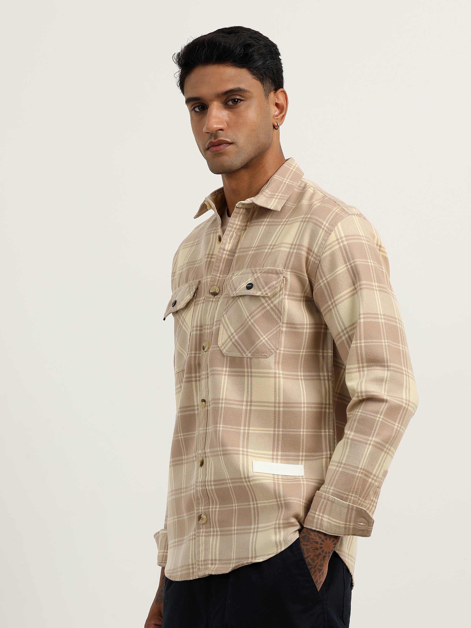 Herringbon Checks Cream Beige Shacket For Men