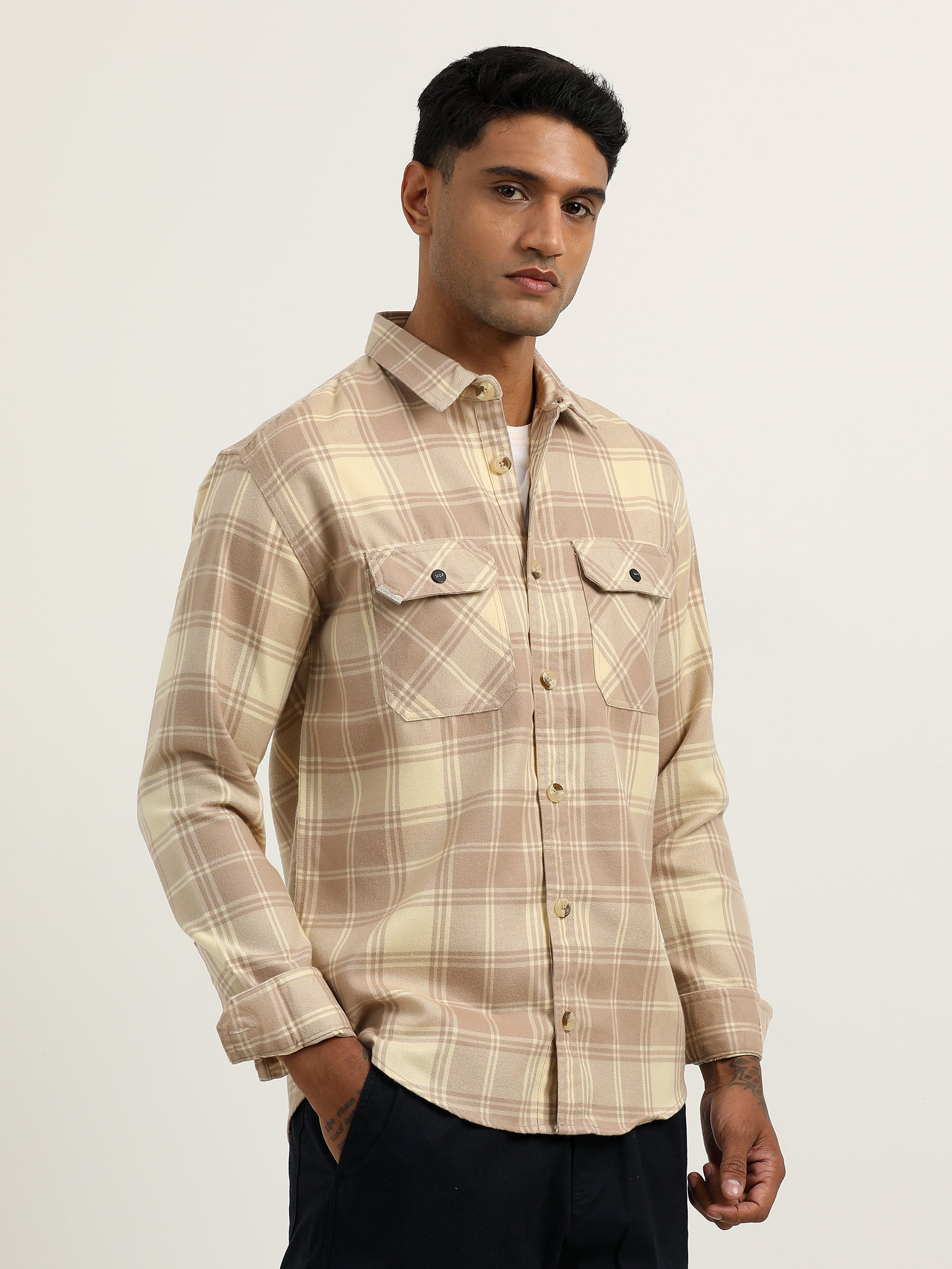 Herringbon Checks Cream Beige Shacket For Men