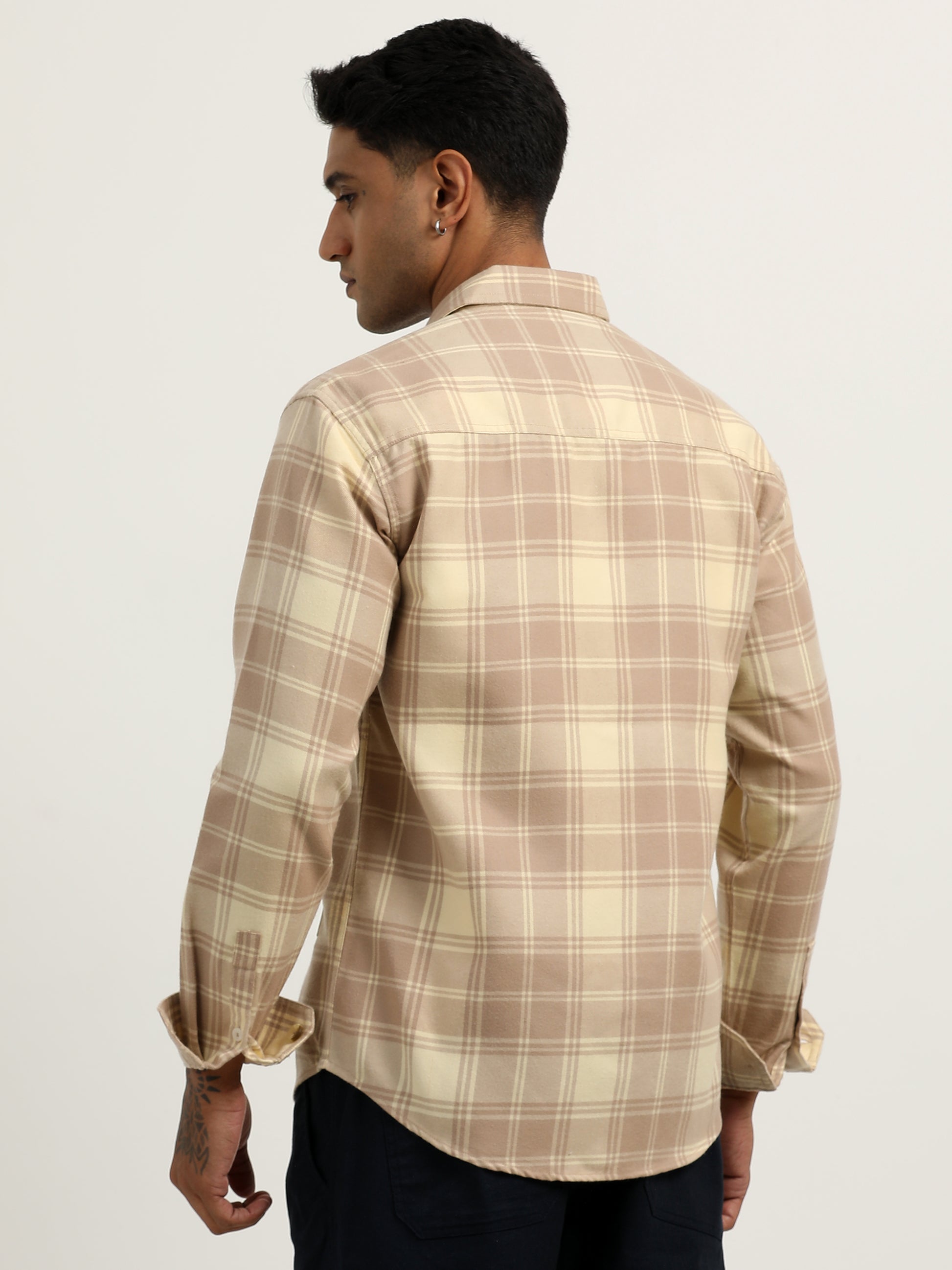 Herringbon Checks Cream Beige Shacket For Men