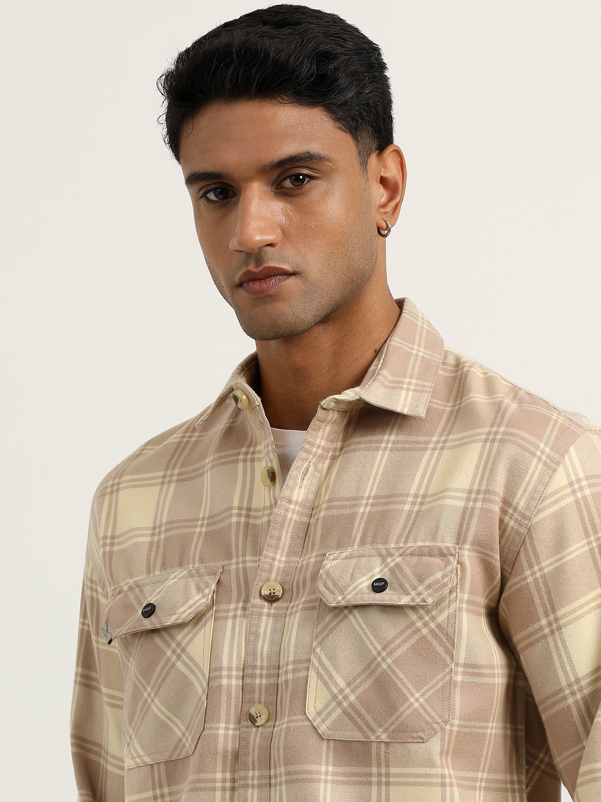 Herringbon Checks Cream Beige Shacket For Men