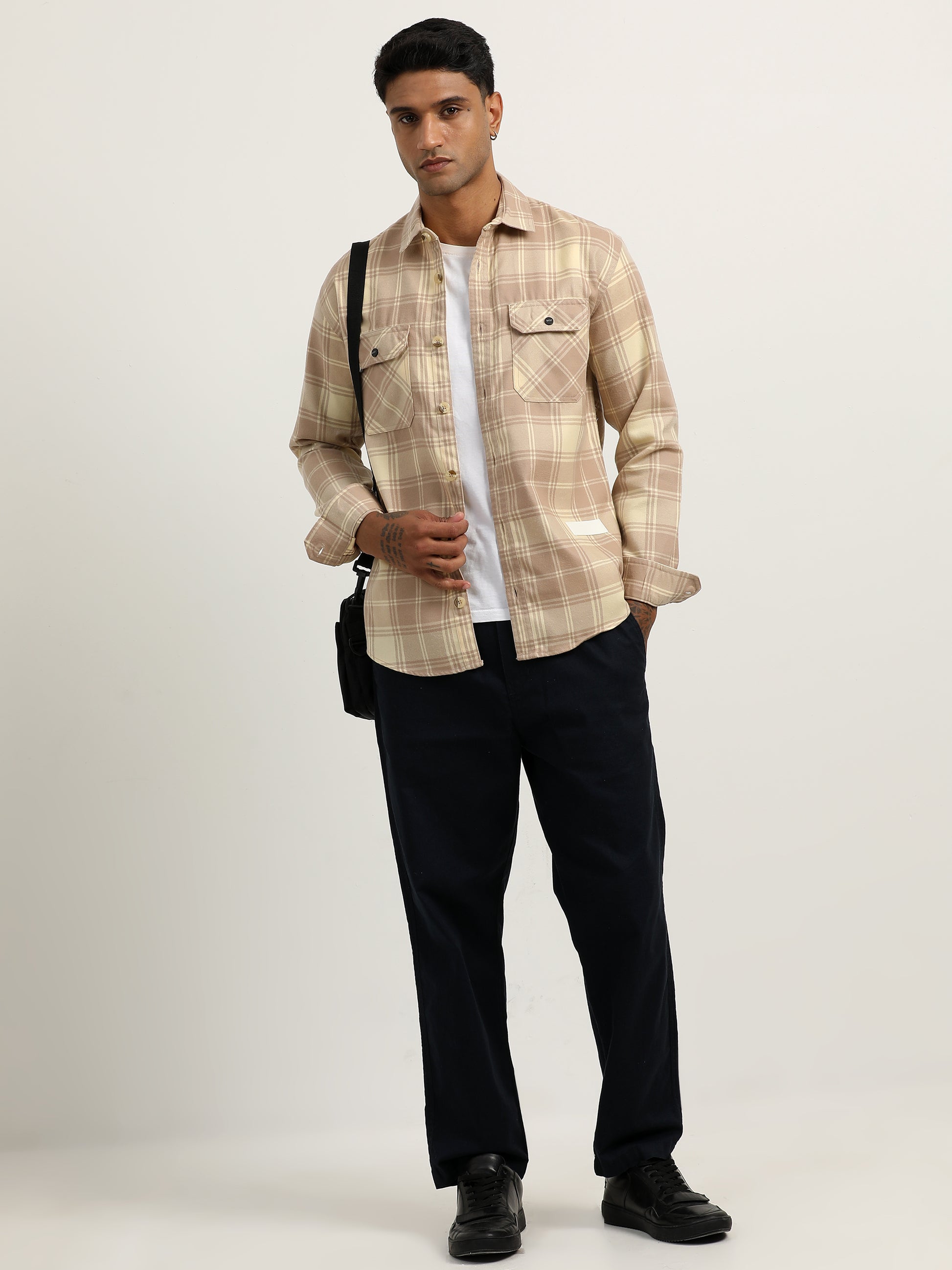 Herringbon Checks Cream Beige Shacket For Men