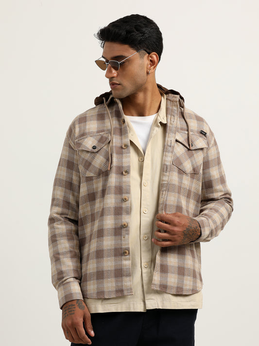 Checks Khaki Hooded Shacket Shirt​ For Men 