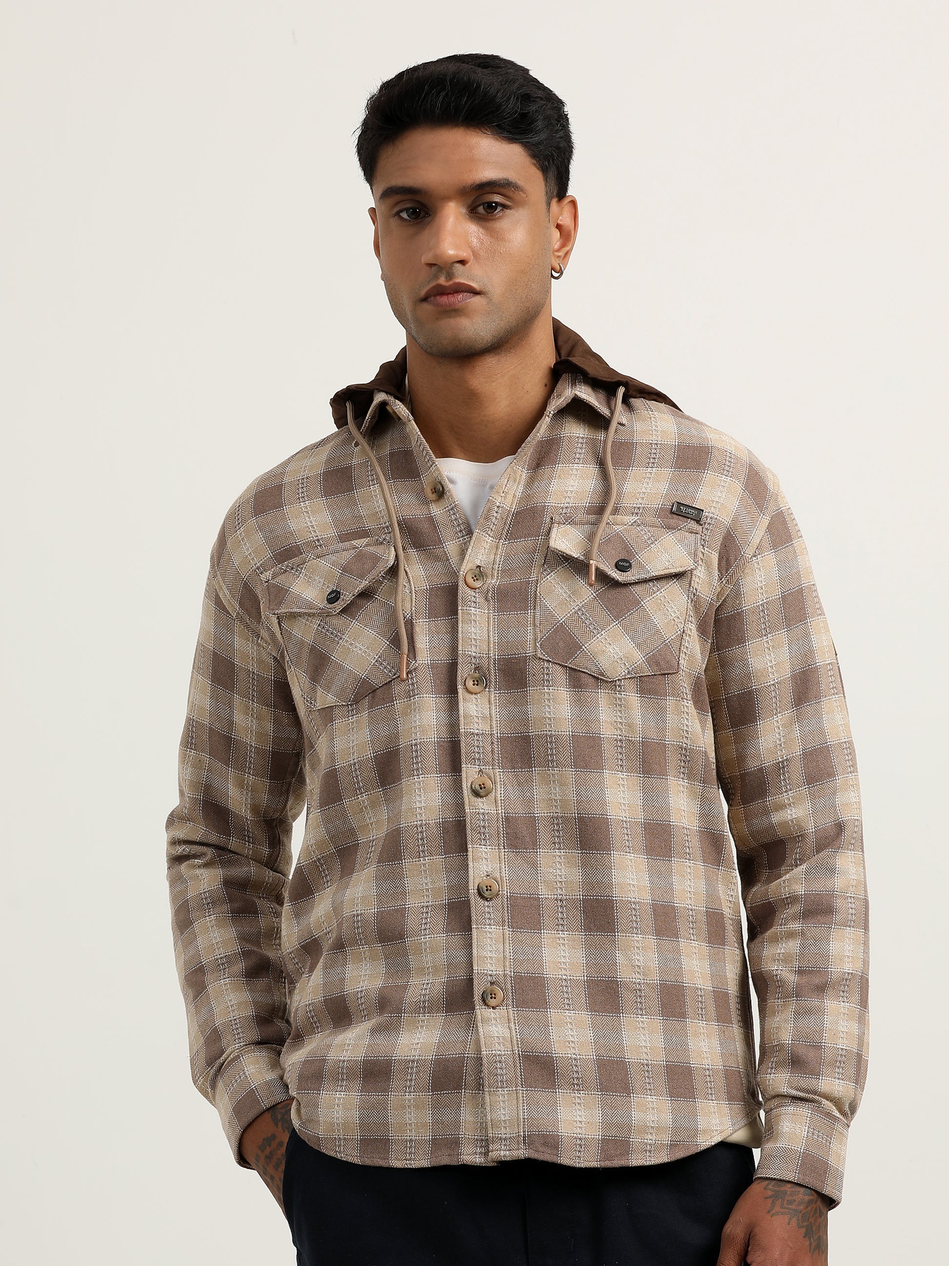 Checks Khaki Hooded Shacket Shirt​ For Men 