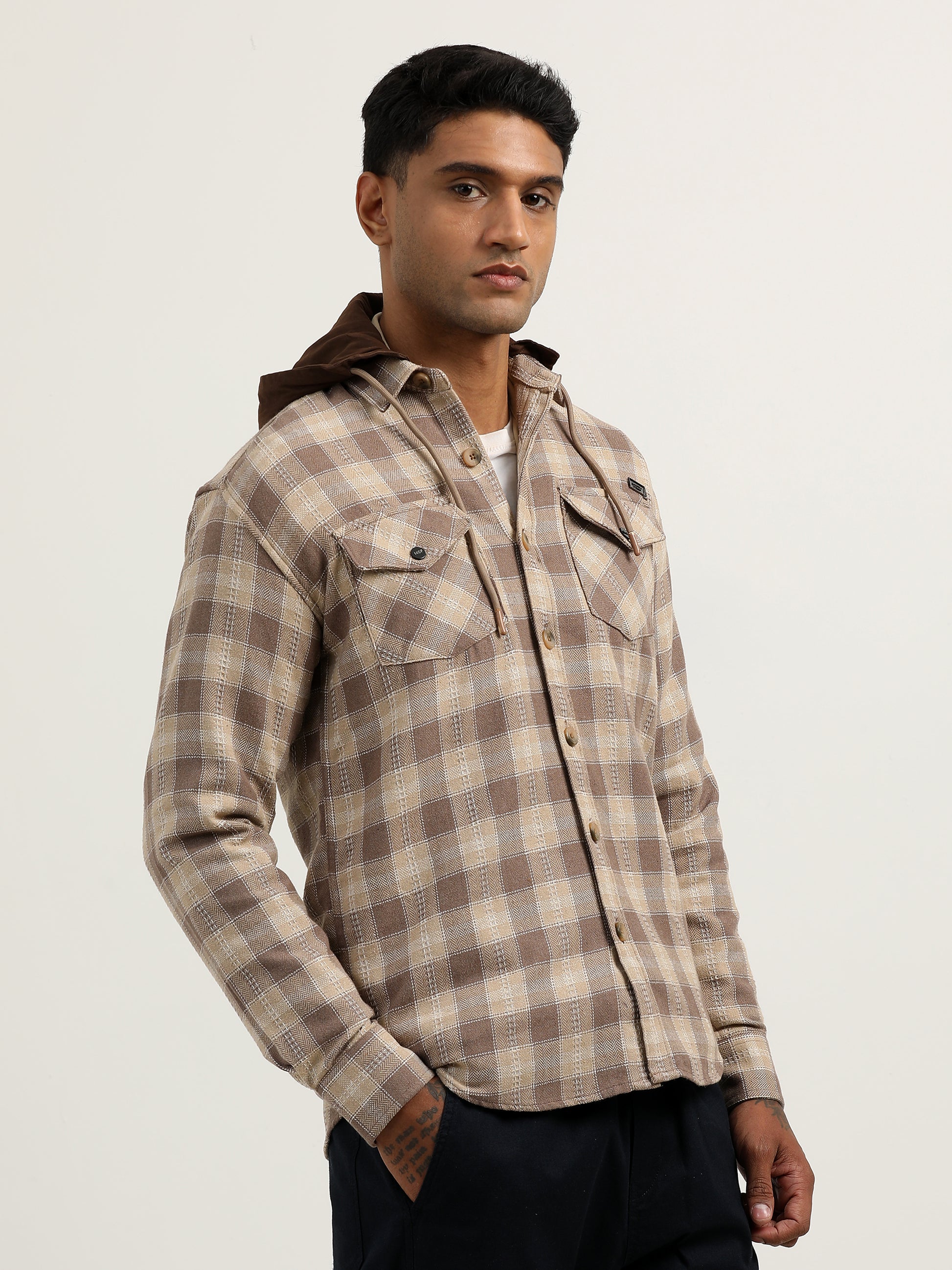 Checks Khaki Hooded Shacket Shirt​ For Men 