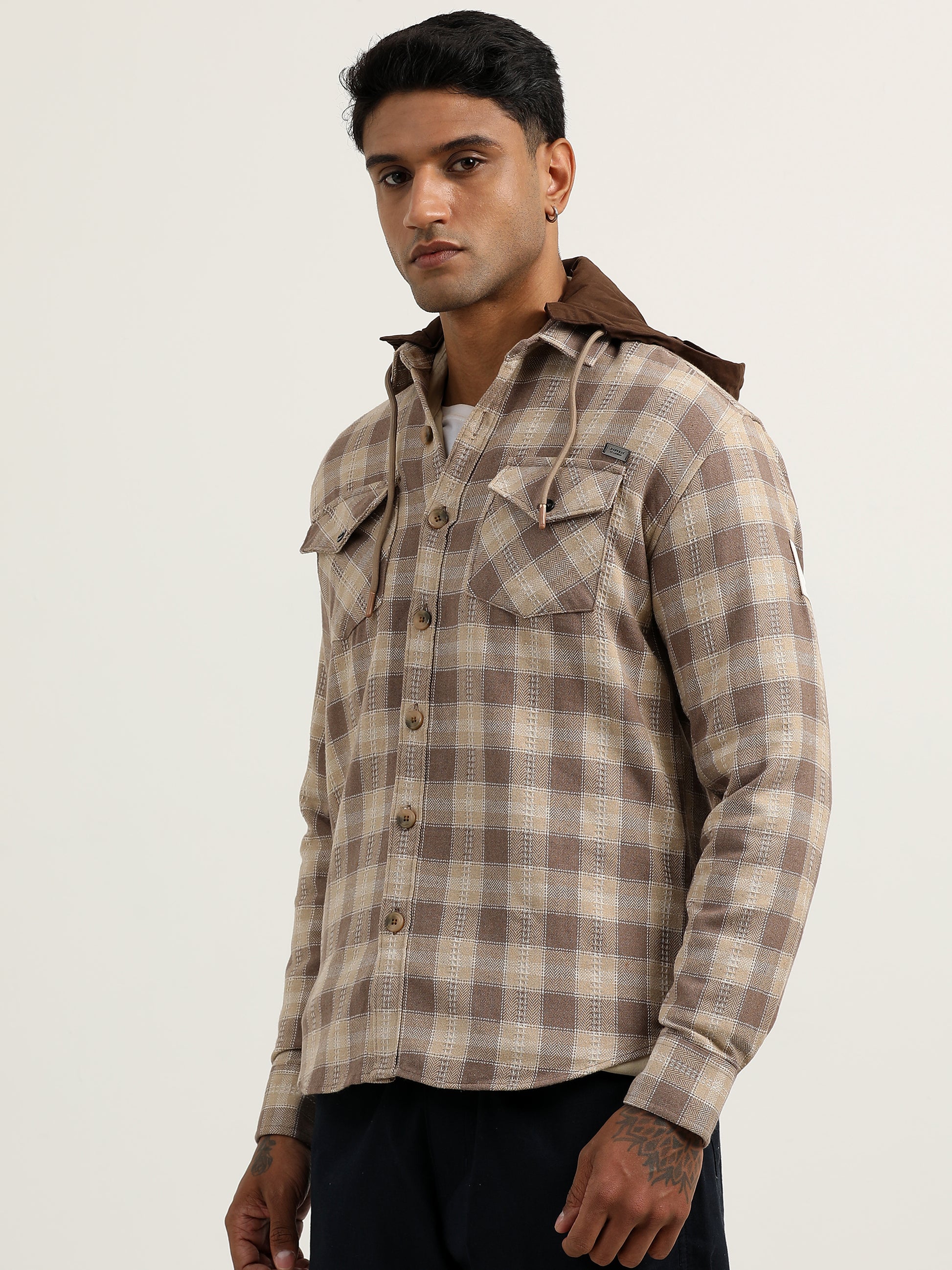 Checks Khaki Hooded Shacket Shirt​ For Men 