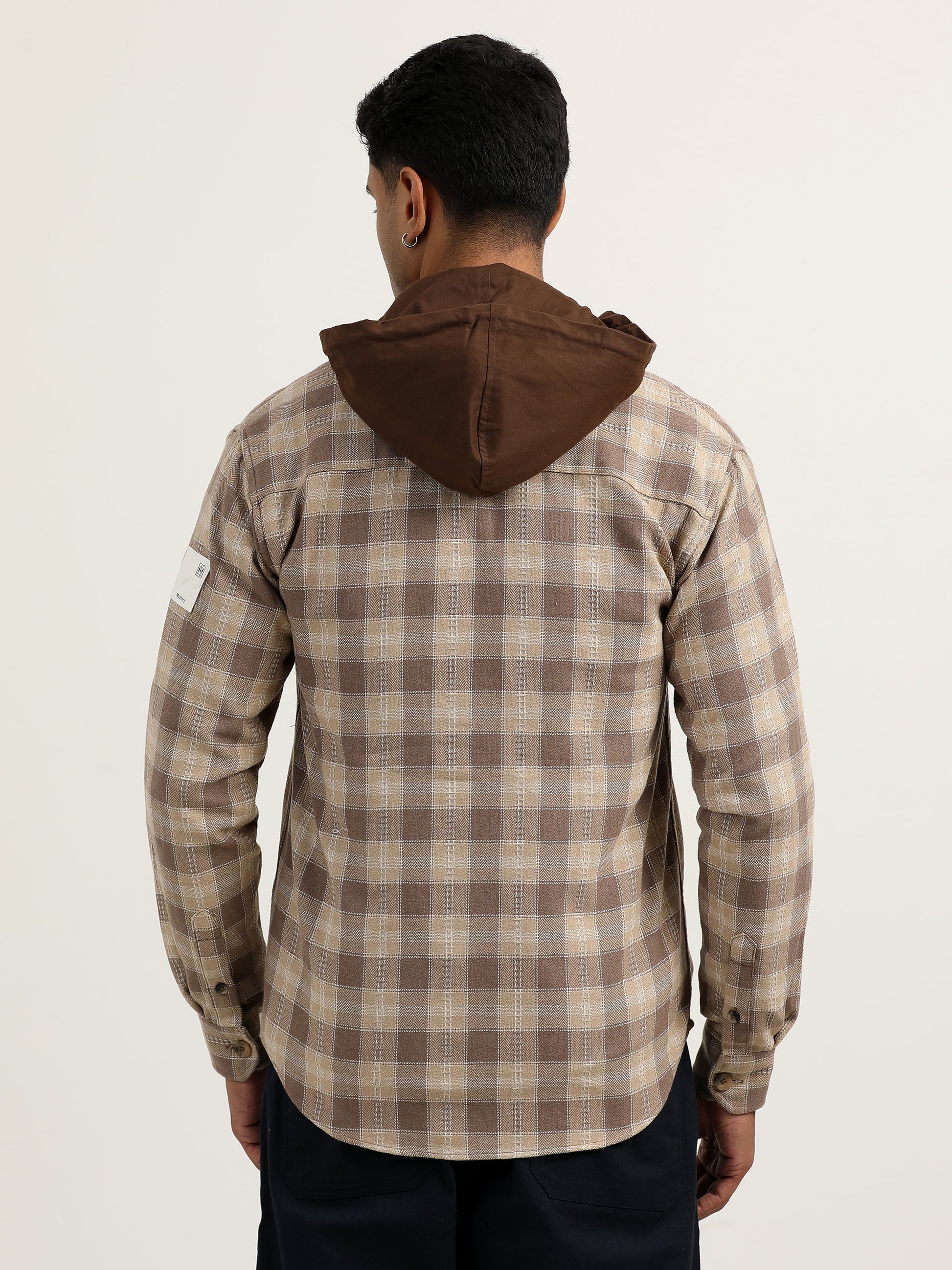 Checks Khaki Hooded Shacket Shirt​ For Men 