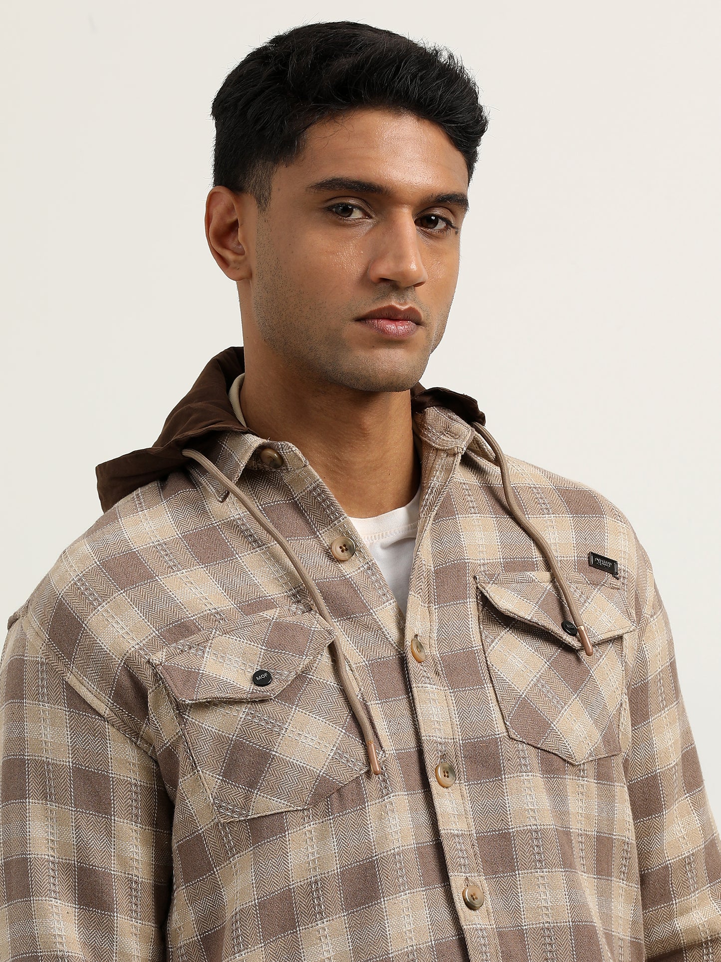 Checks Khaki Hooded Shacket Shirt​ For Men 