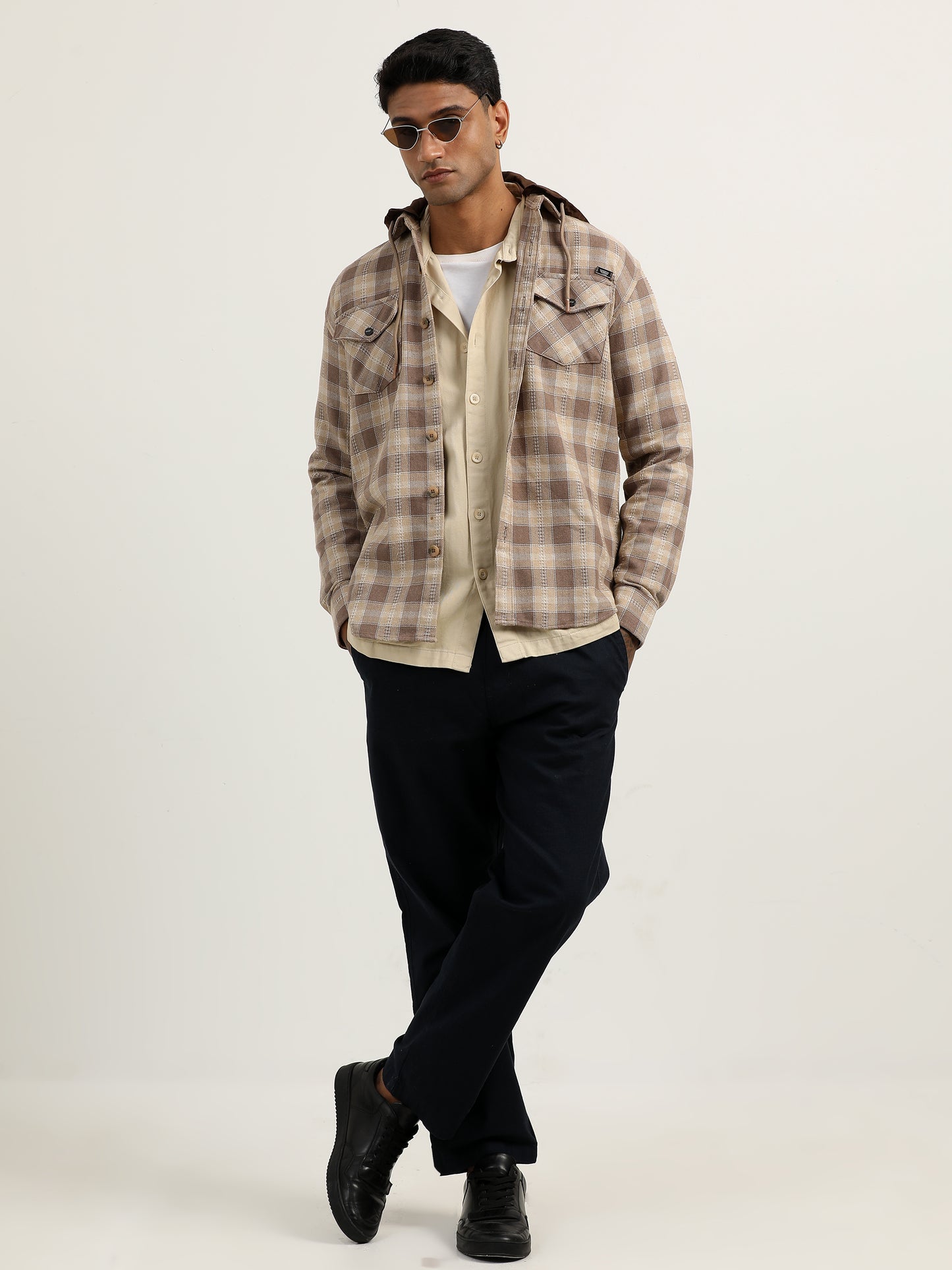 Checks Khaki Hooded Shacket Shirt​ For Men 