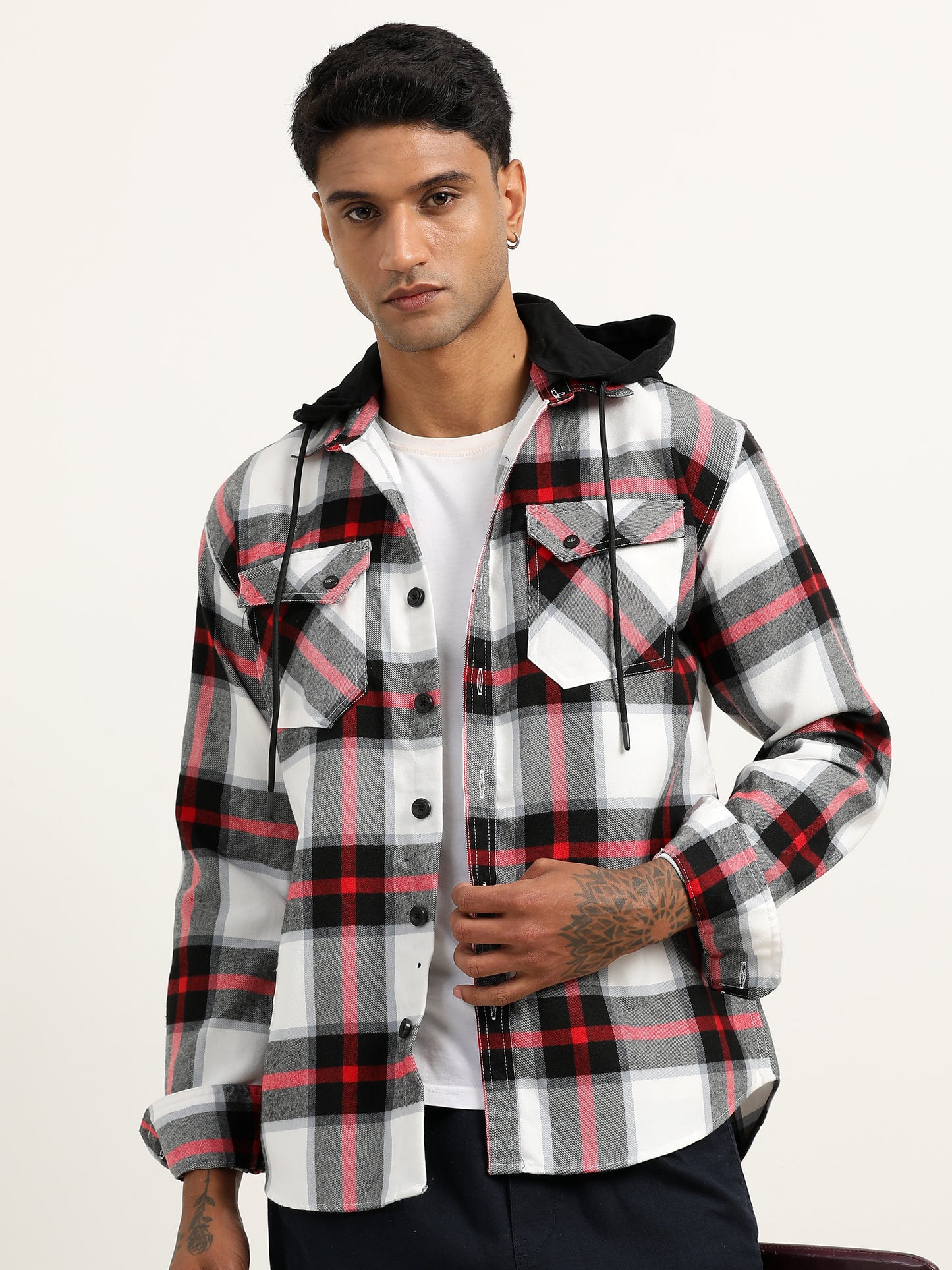 Brushed Twill Hooded Checked Men's Black Shacket