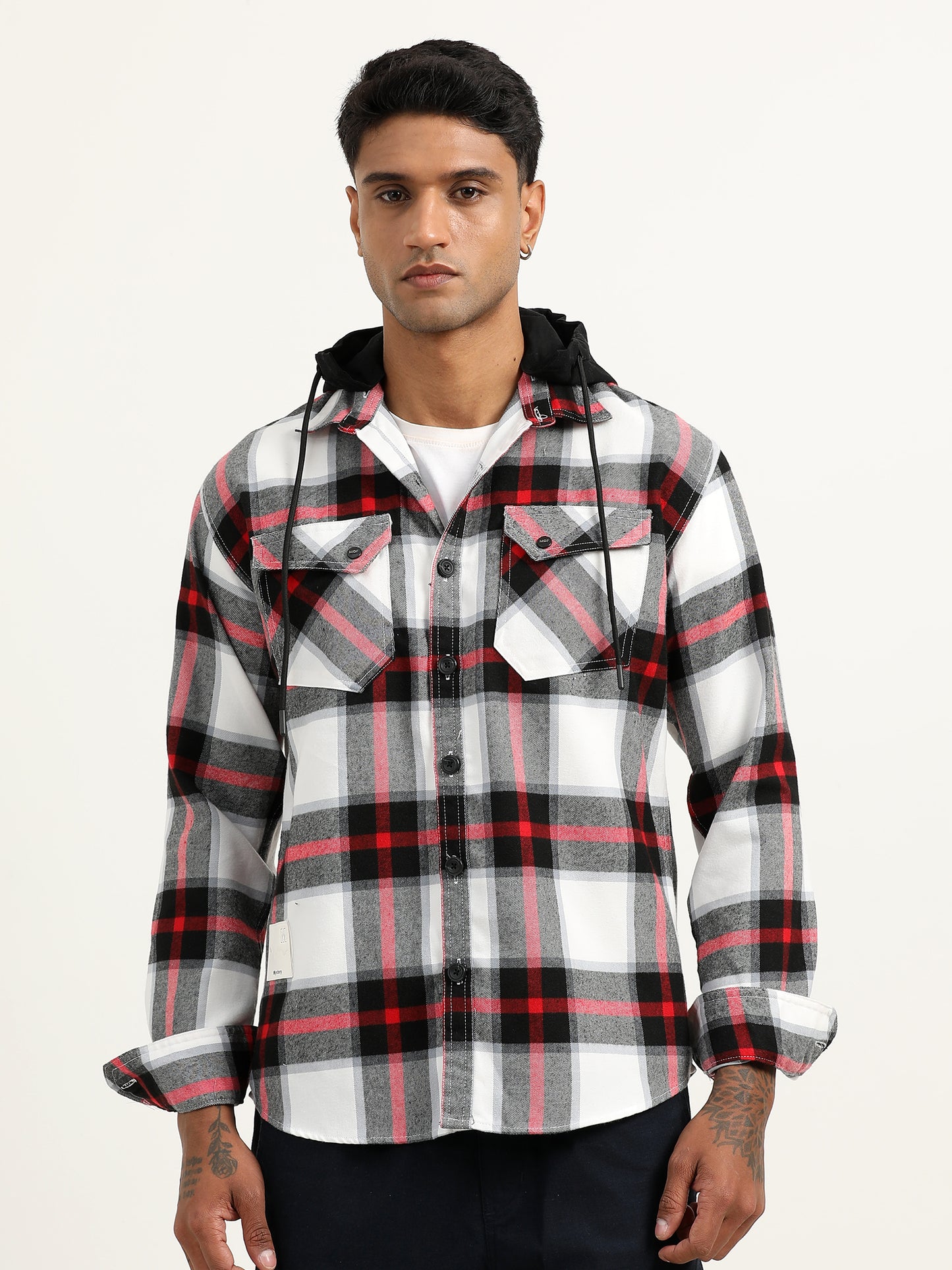 Brushed Twill Hooded Checked Men's Black Shacket