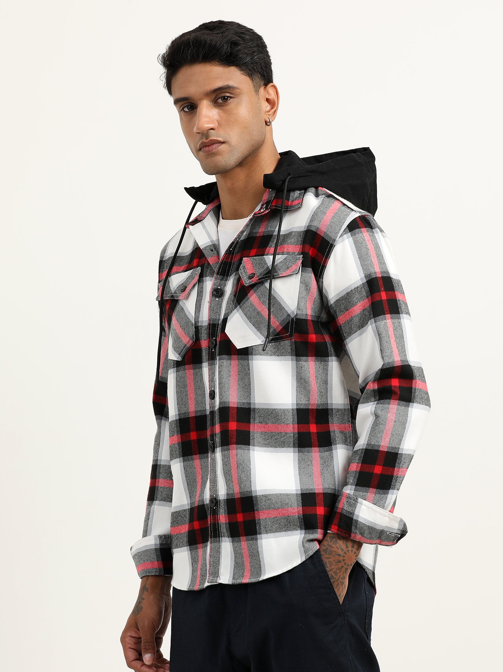 Brushed Twill Hooded Checked Men's Black Shacket