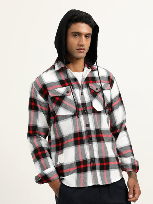 Brushed Twill Hooded Checked Men's Black Shacket