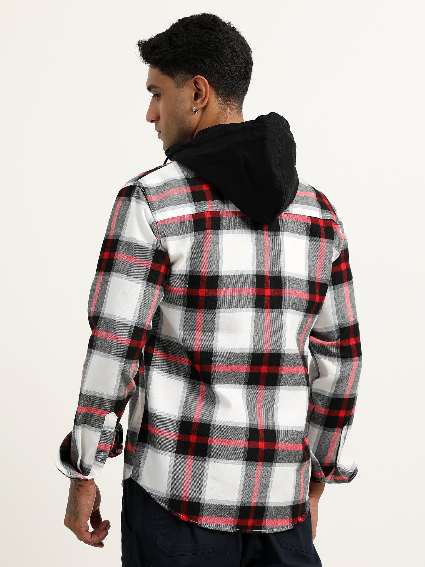 Brushed Twill Hooded Checked Men's Black Shacket