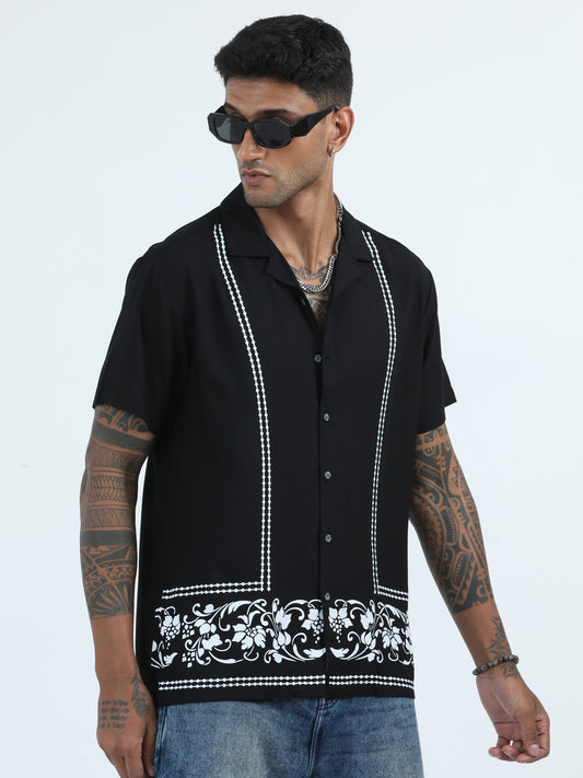 Cotton Viscose Black Printed Shirt For Men