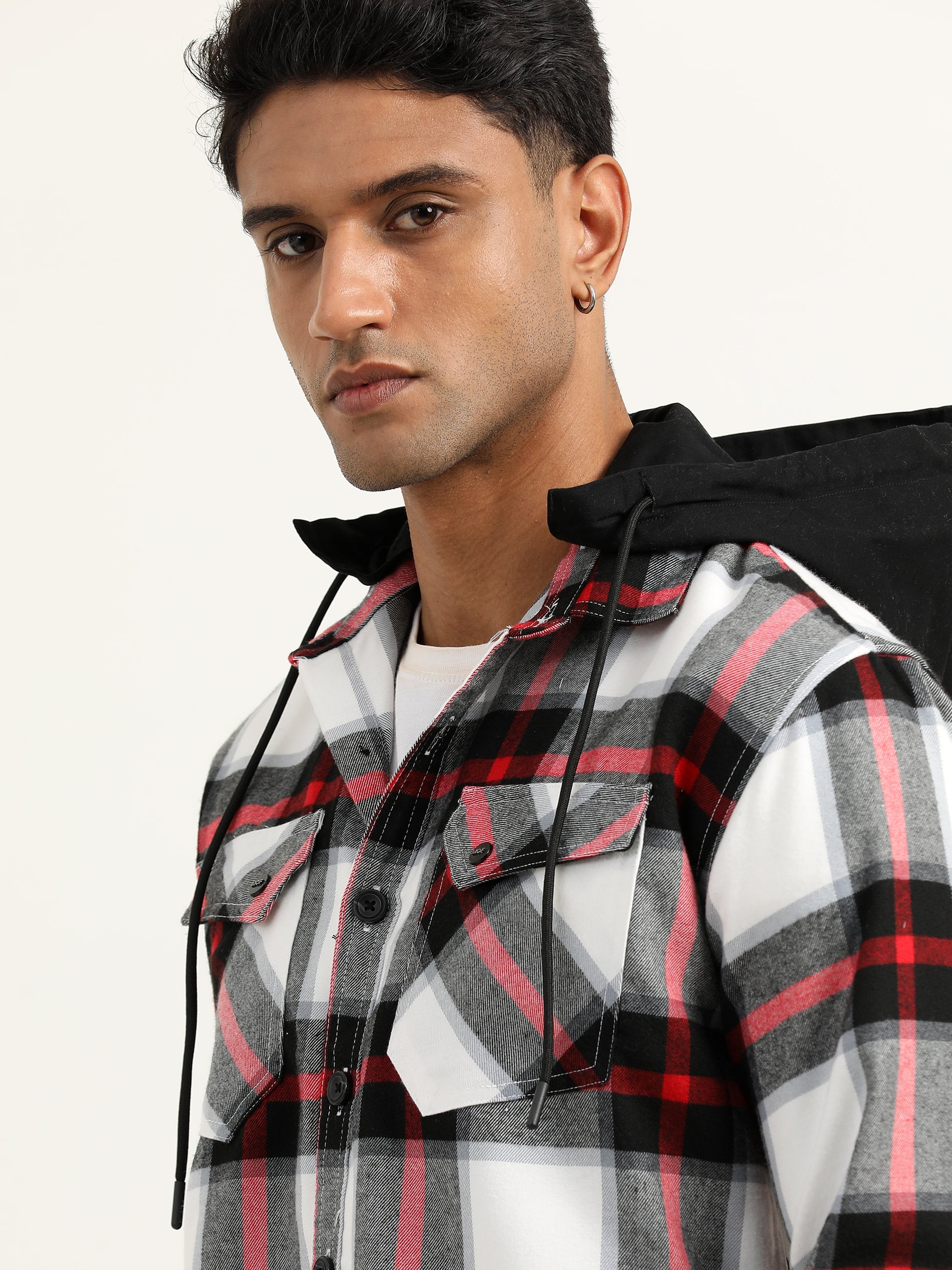 Brushed Twill Hooded Checked Men's Black Shacket