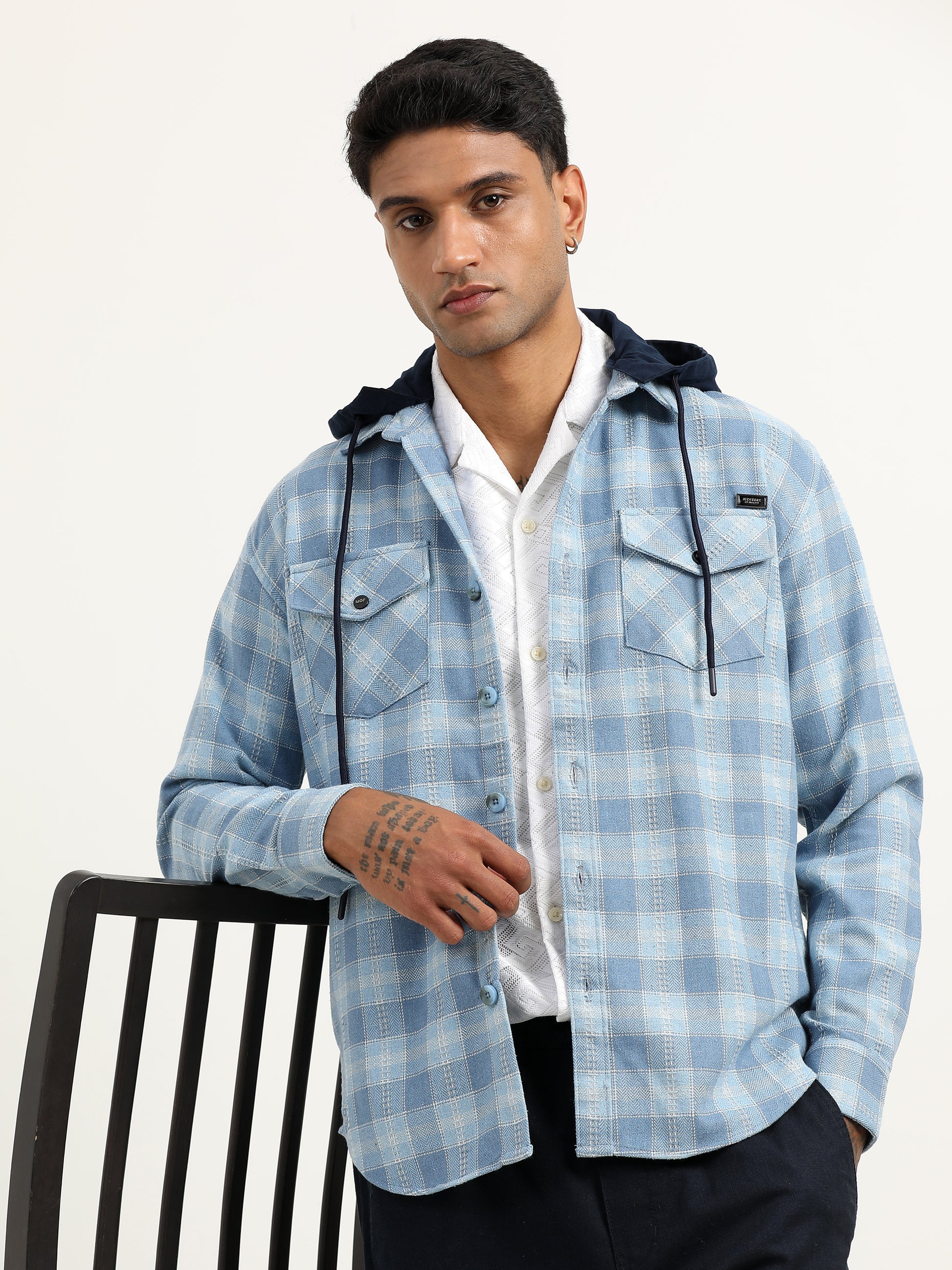  Herringbon Hooded Checks Blue Shacket For Men