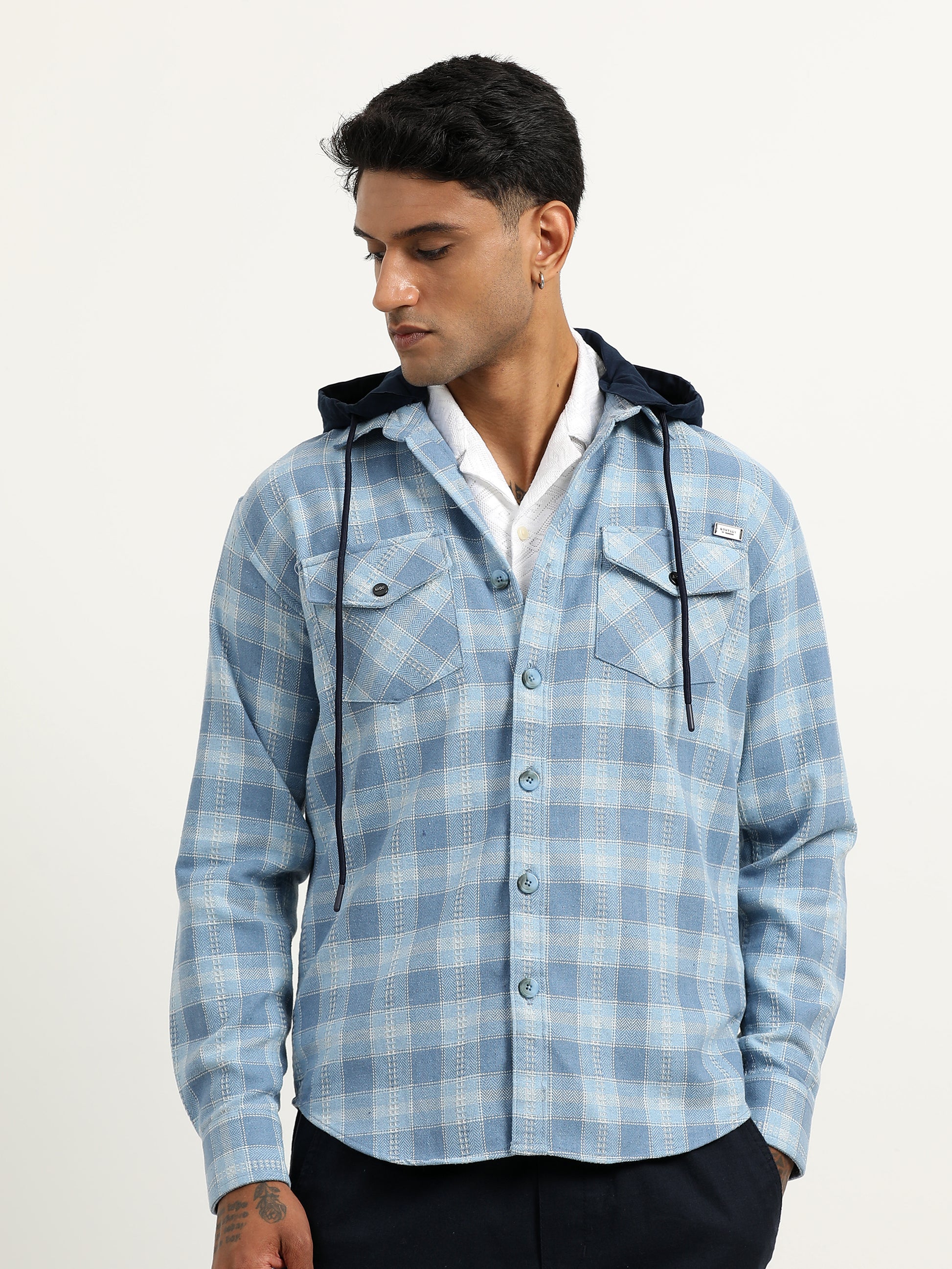  Herringbon Hooded Checks Blue Shacket For Men