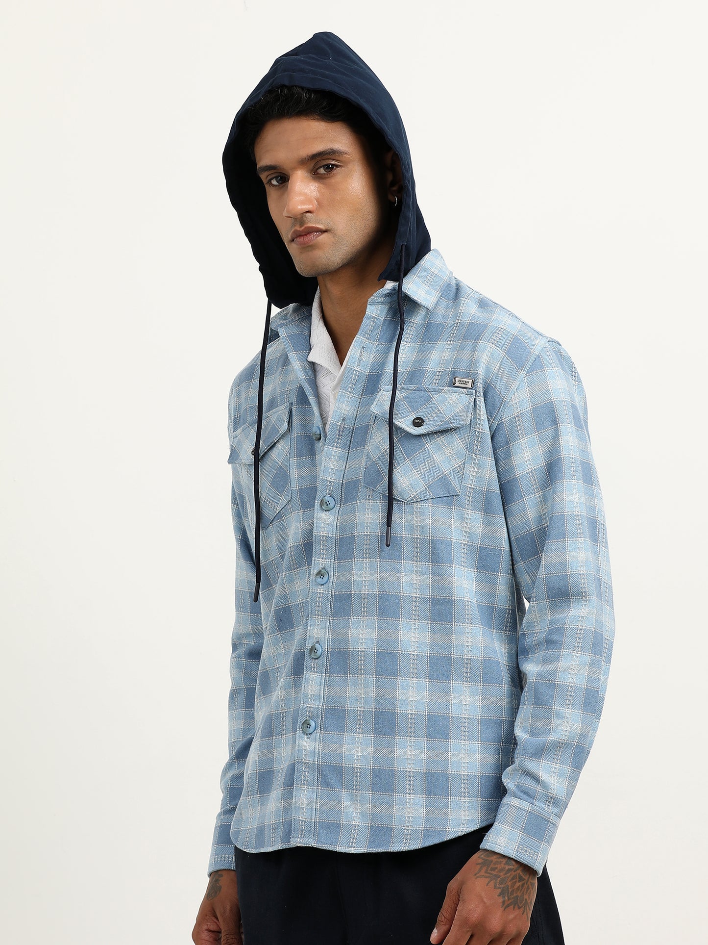  Herringbon Hooded Checks Blue Shacket For Men