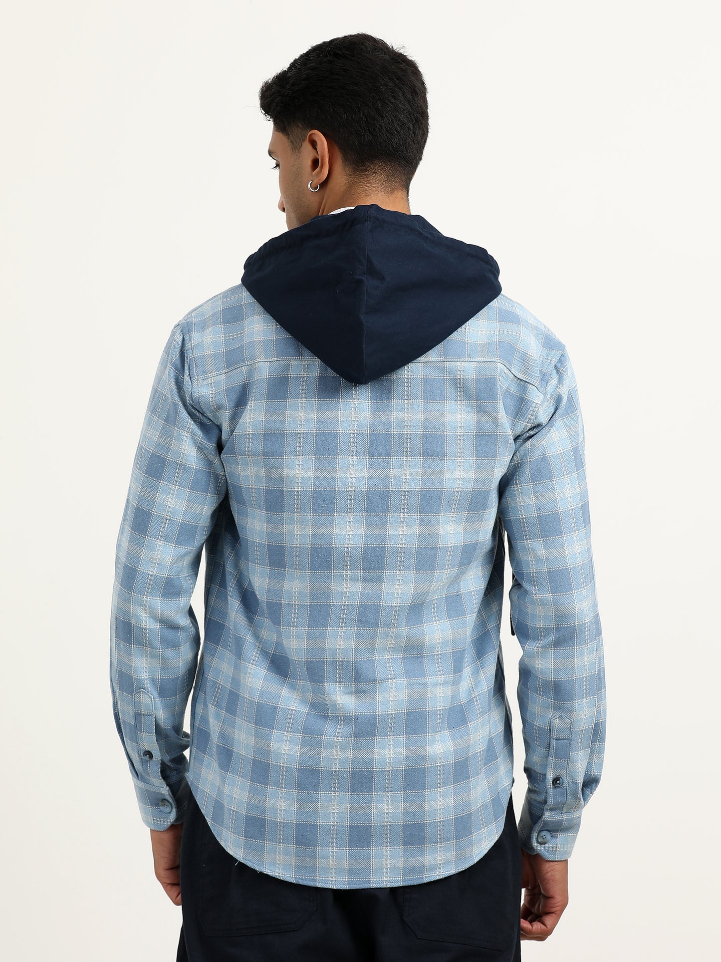  Herringbon Hooded Checks Blue Shacket For Men