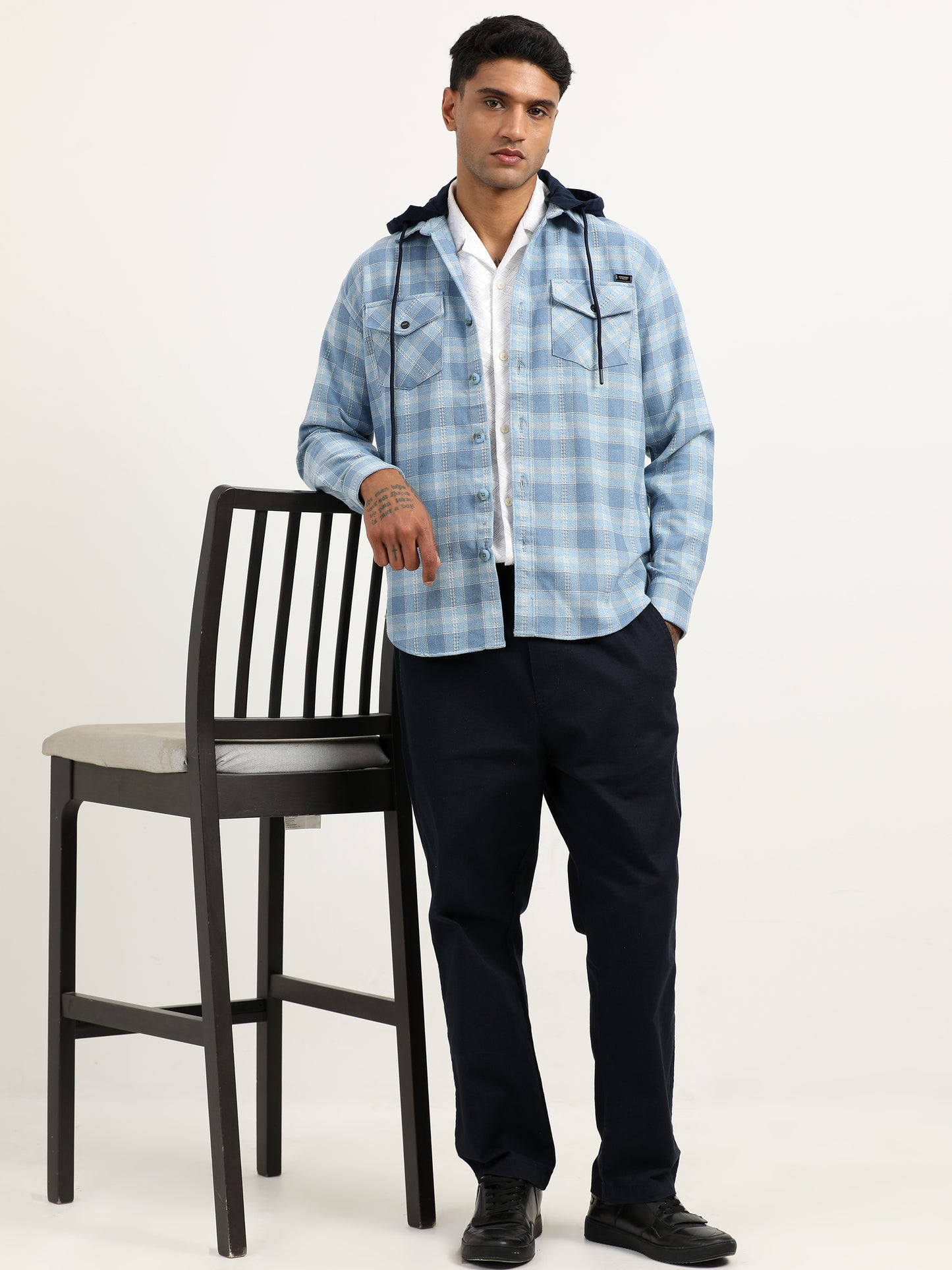  Herringbon Hooded Checks Blue Shacket For Men