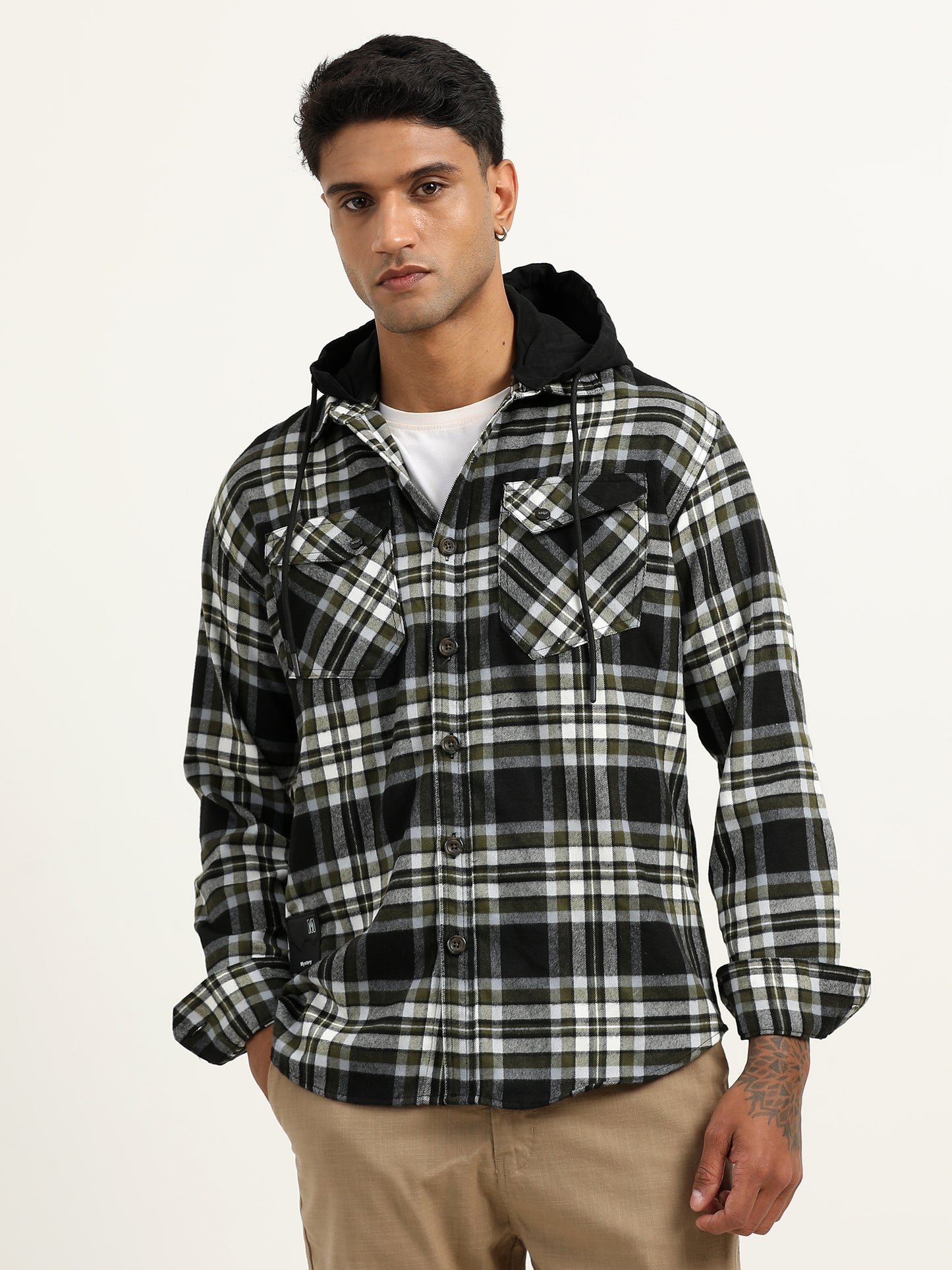  Brushed Twill Hooded Checked Olive Green Shacket