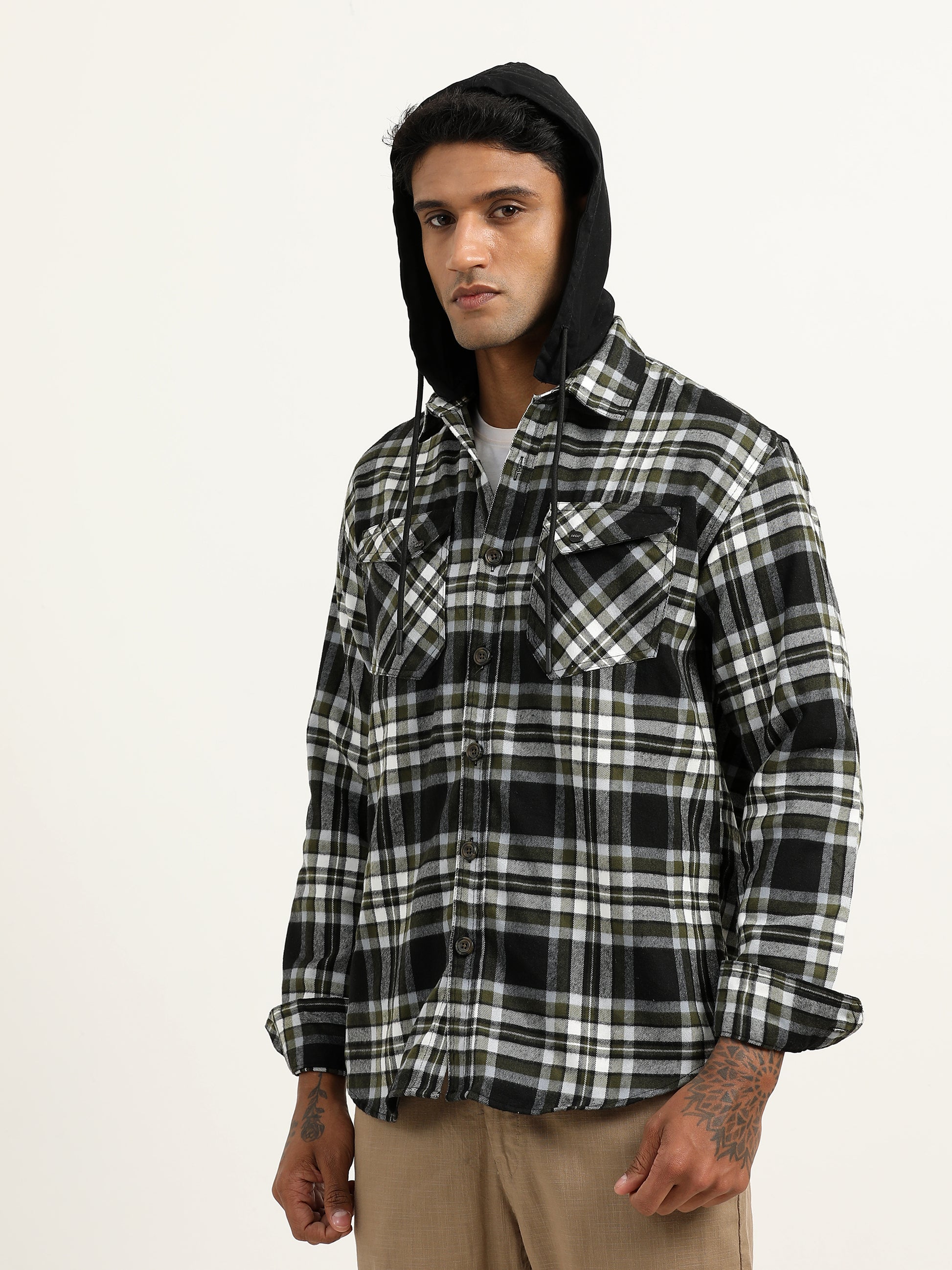  Brushed Twill Hooded Checked Olive Green Shacket