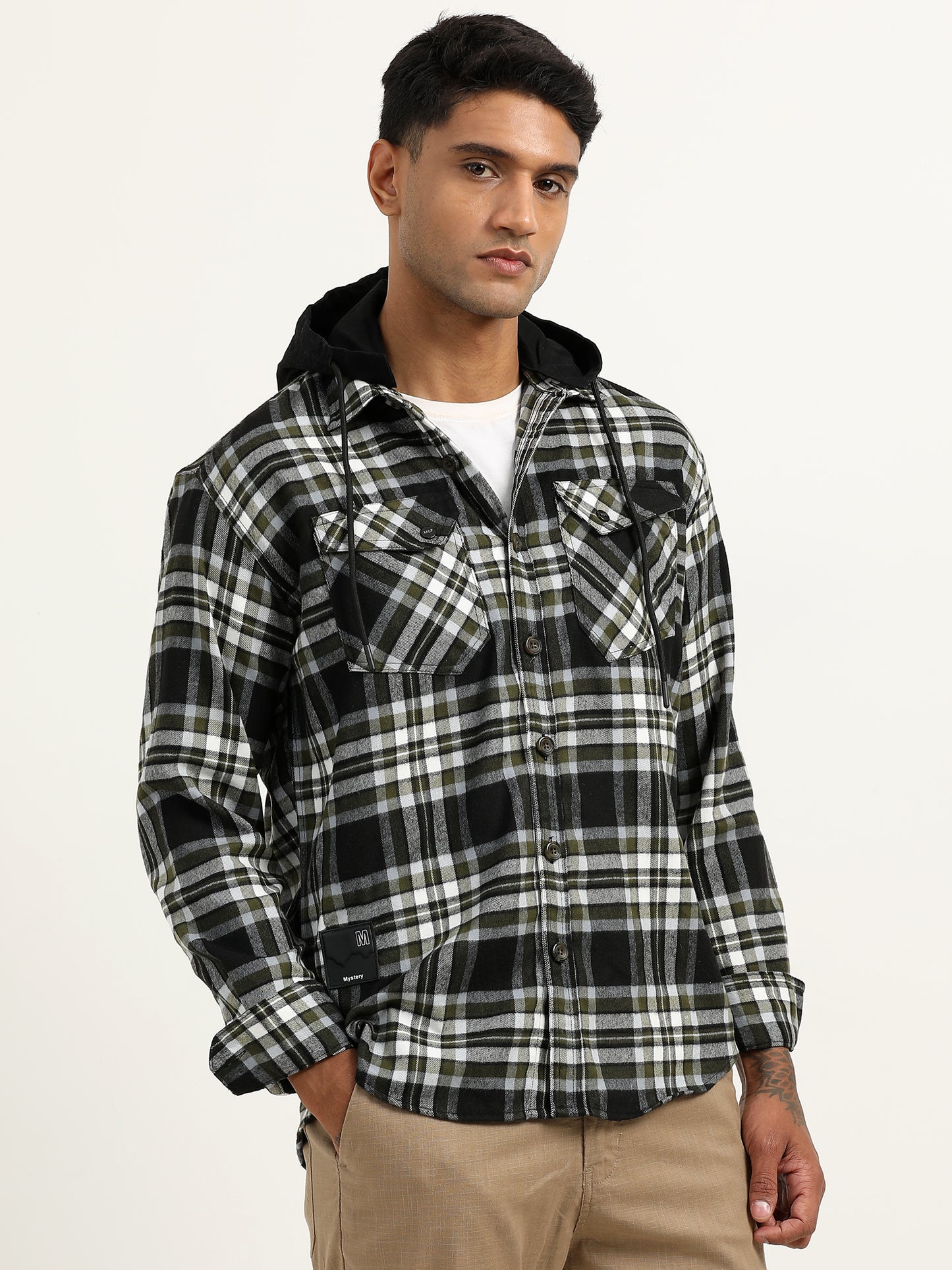  Brushed Twill Hooded Checked Olive Green Shacket