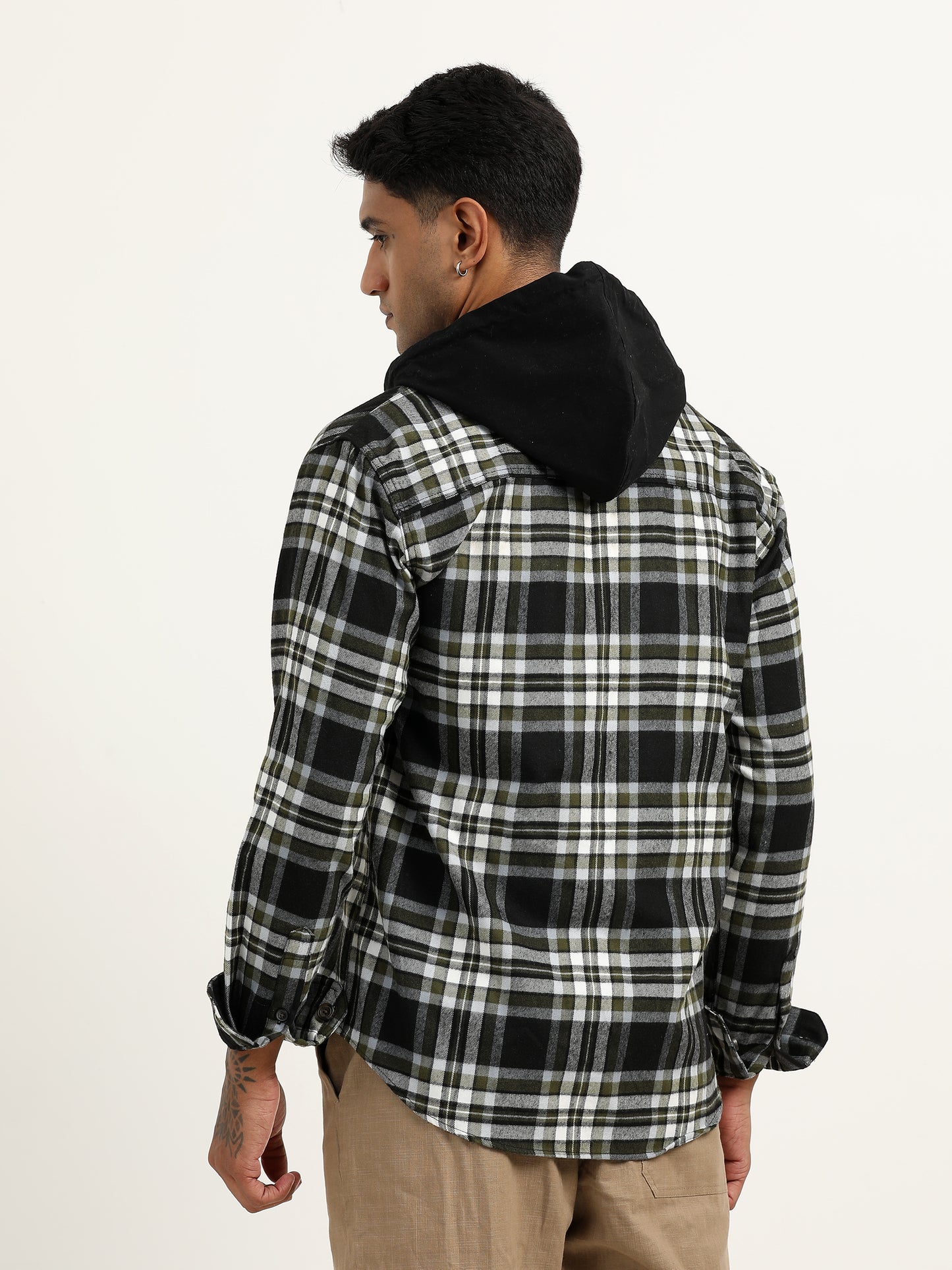  Brushed Twill Hooded Checked Olive Green Shacket