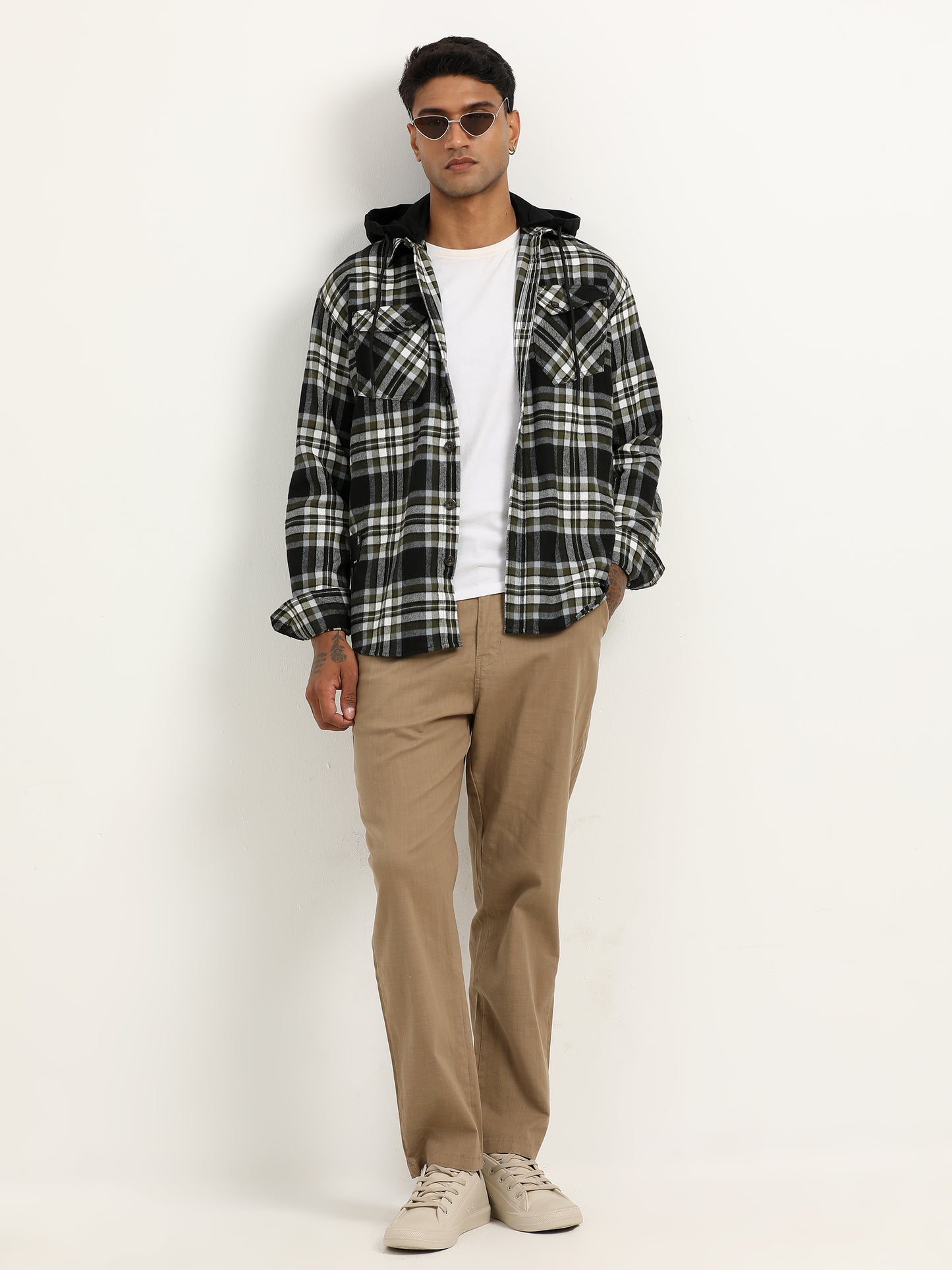  Brushed Twill Hooded Checked Olive Green Shacket