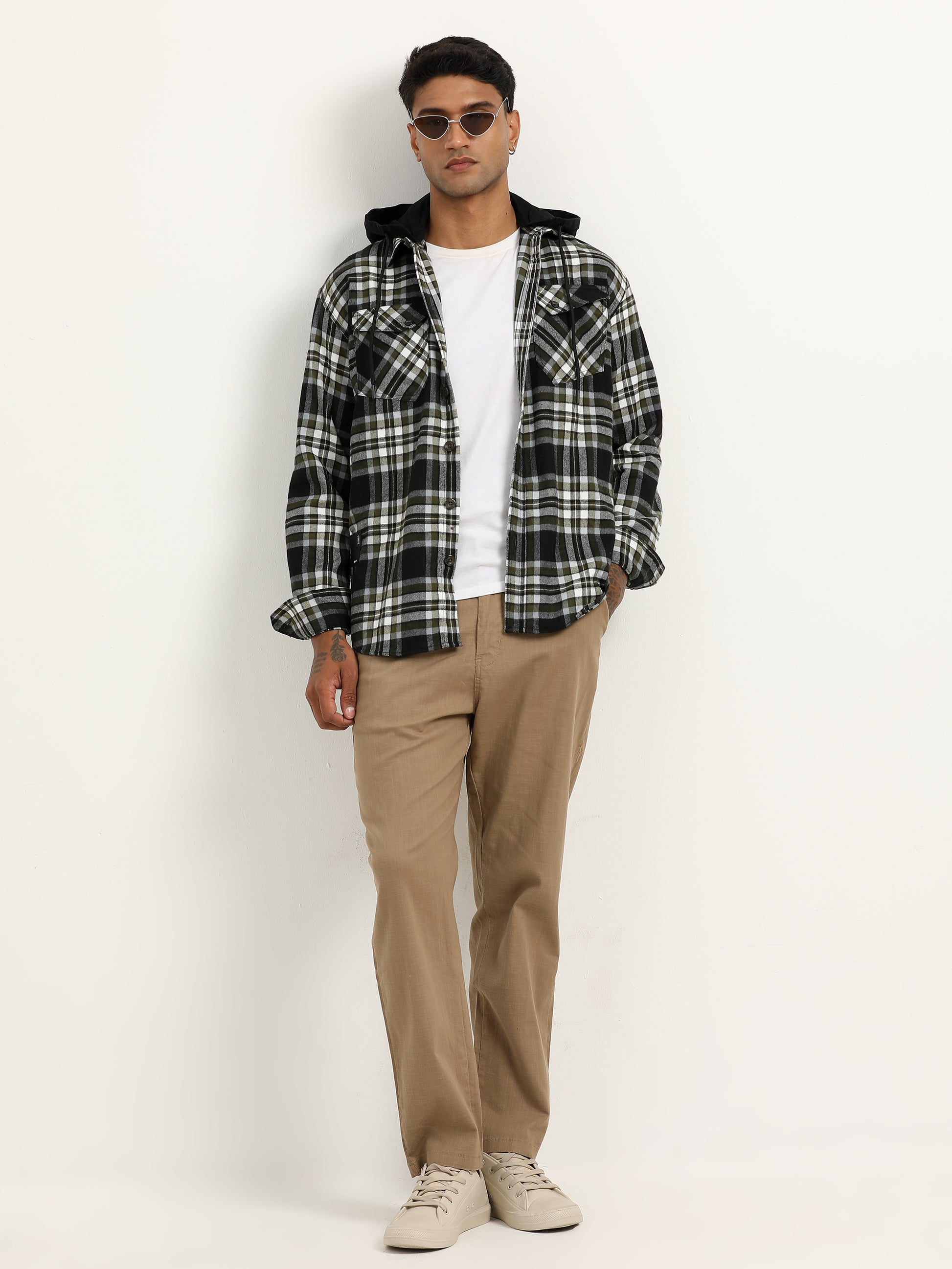  Brushed Twill Hooded Checked Olive Green Shacket