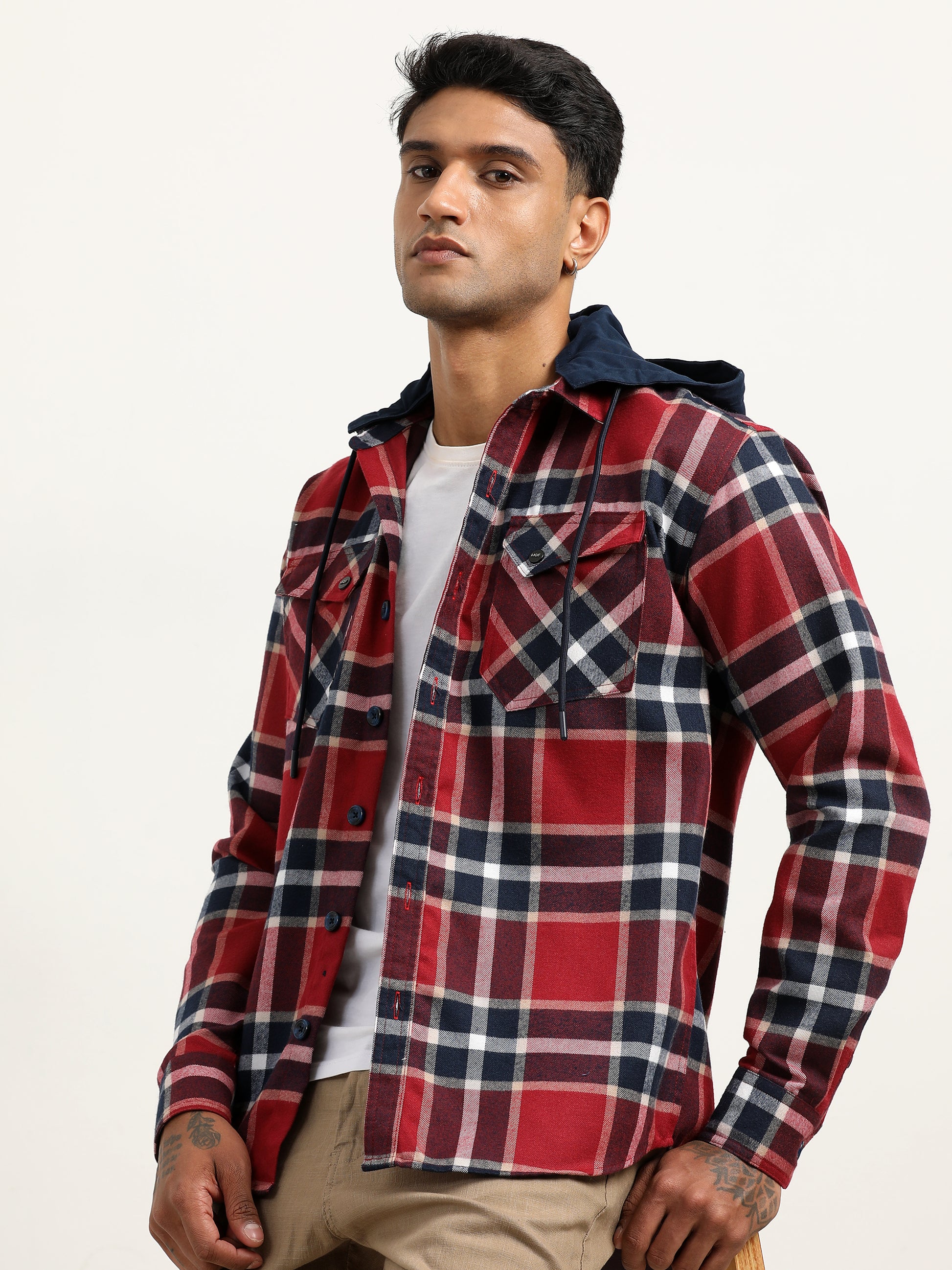  Brushed Twill Navy Hooded Men's Checked Shacket