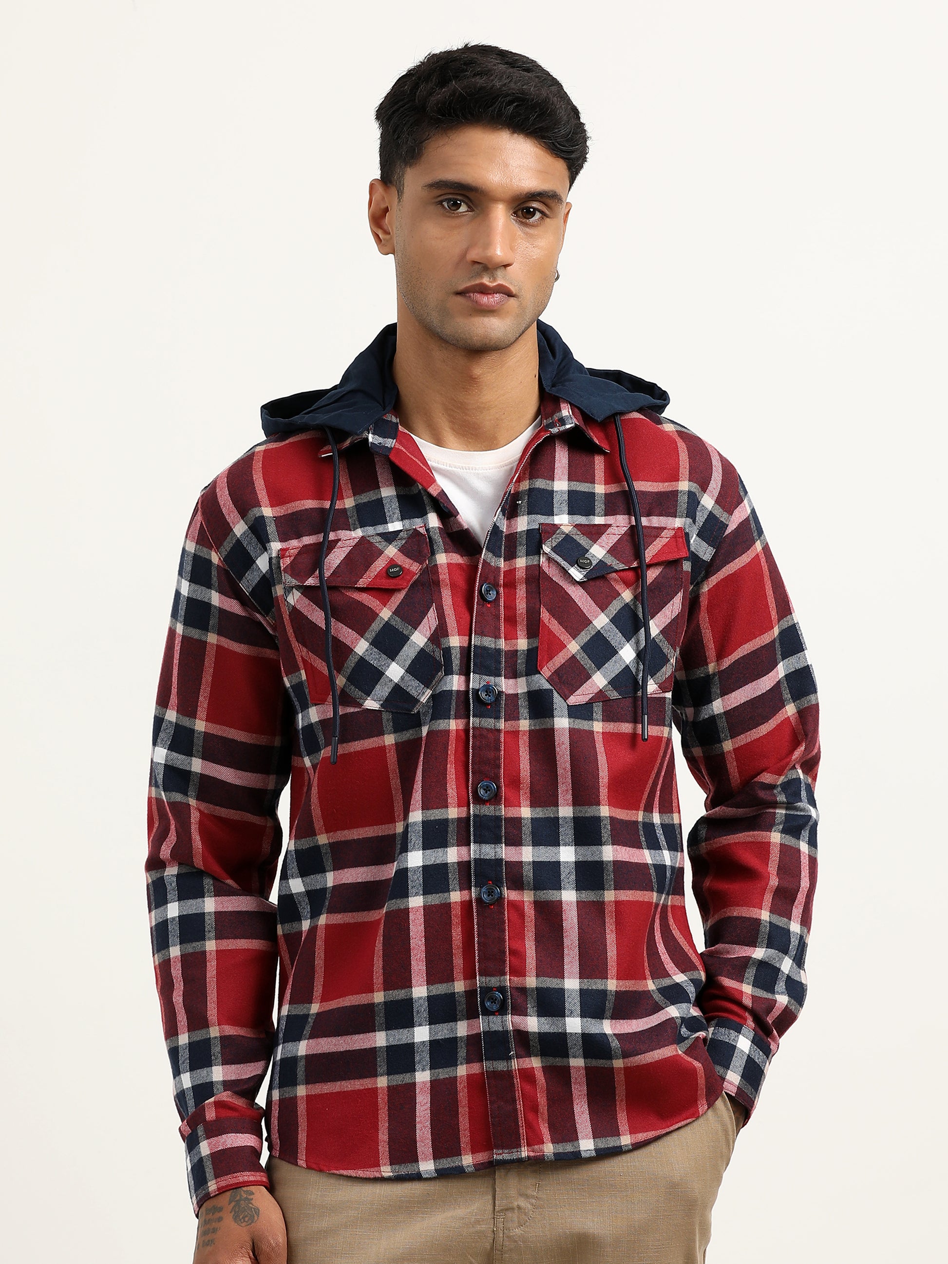  Brushed Twill Navy Hooded Men's Checked Shacket