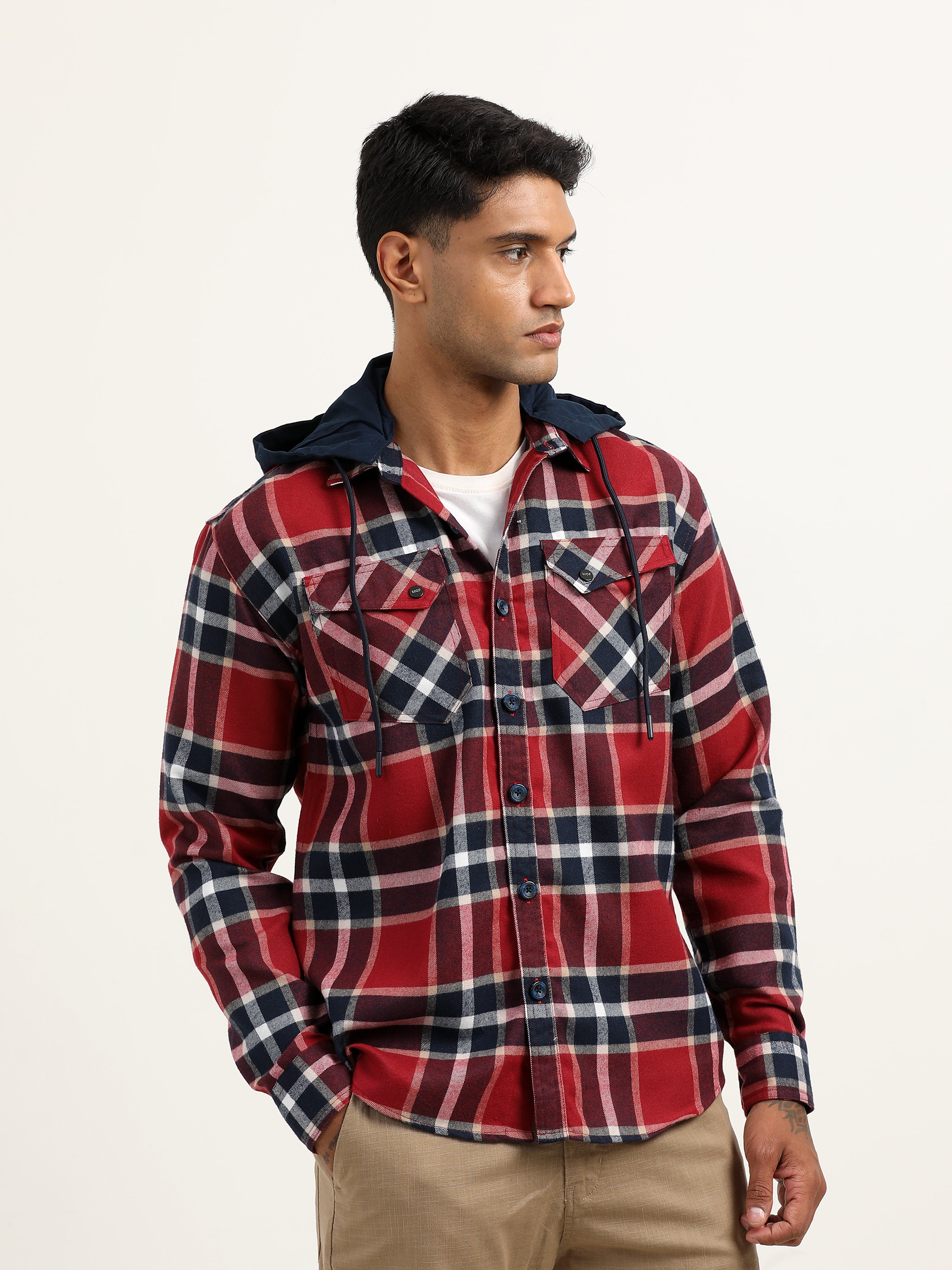 Shop Brushed Twill Navy Hooded Men's Checked Shacket