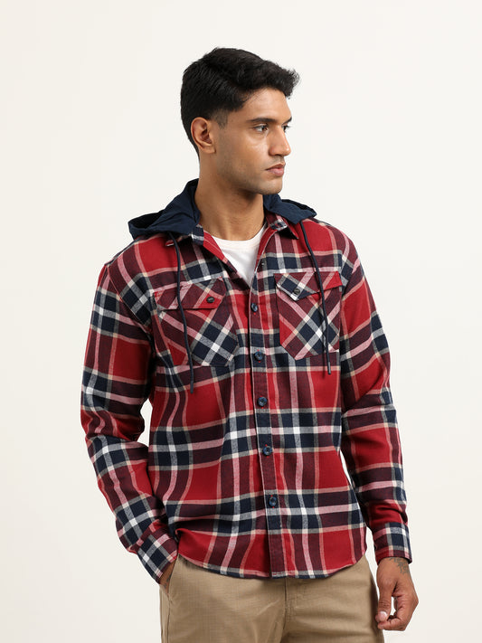 Brushed Twill Navy Hooded Men's Checked Shacket