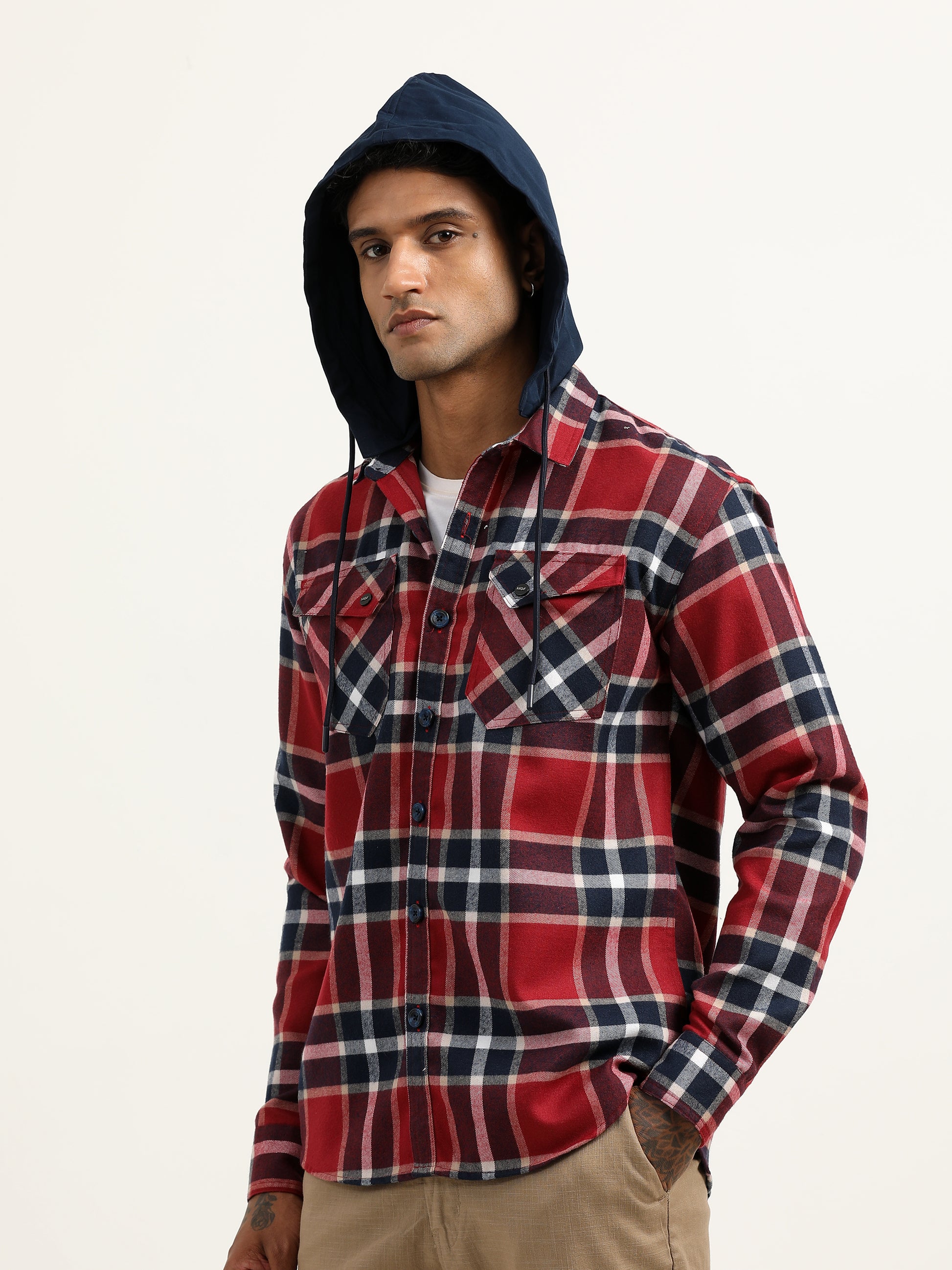 Brushed Twill Navy Hooded Men's Checked Shacket