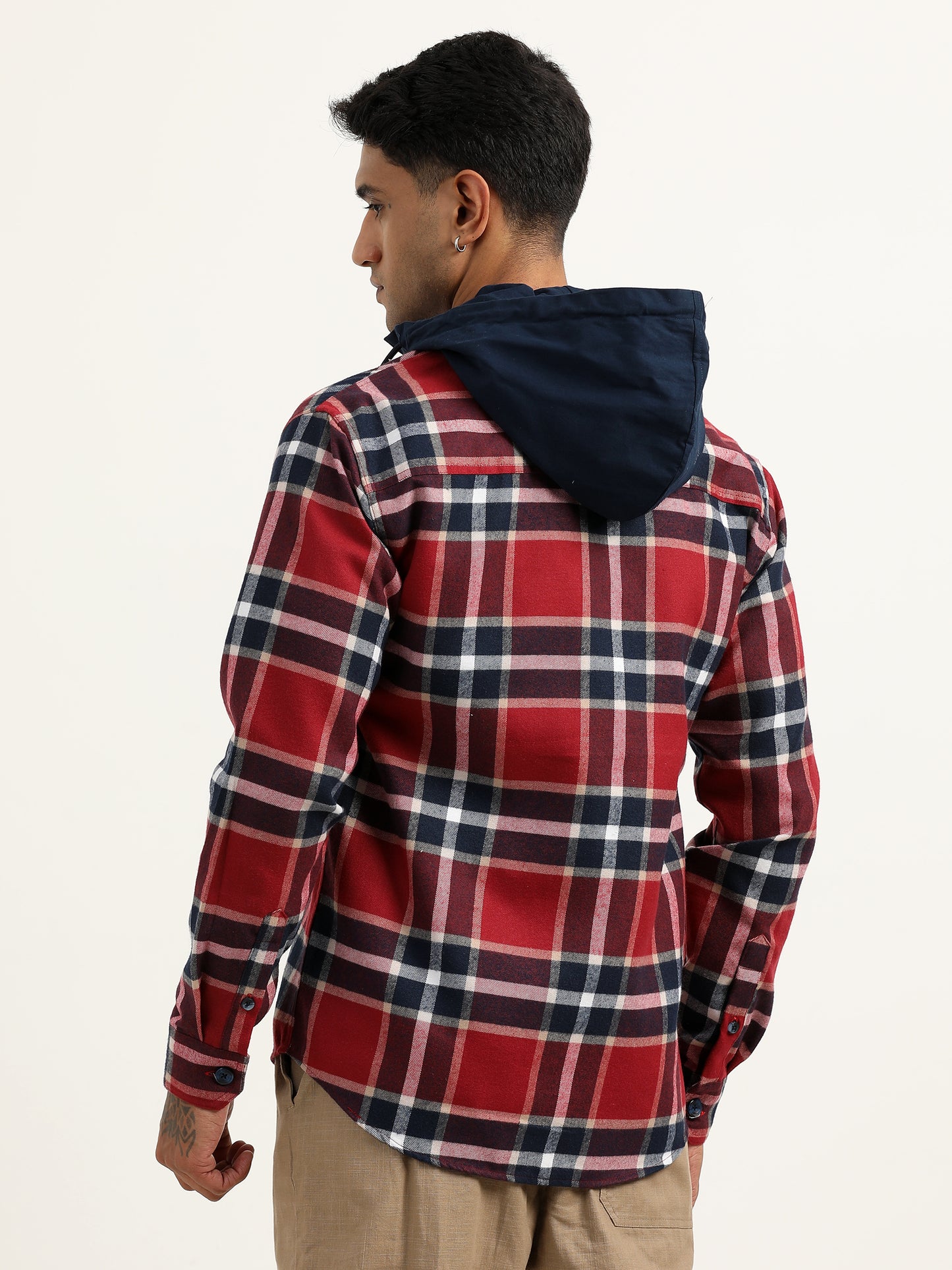 Brushed Twill Navy Hooded Men's Checked Shacket